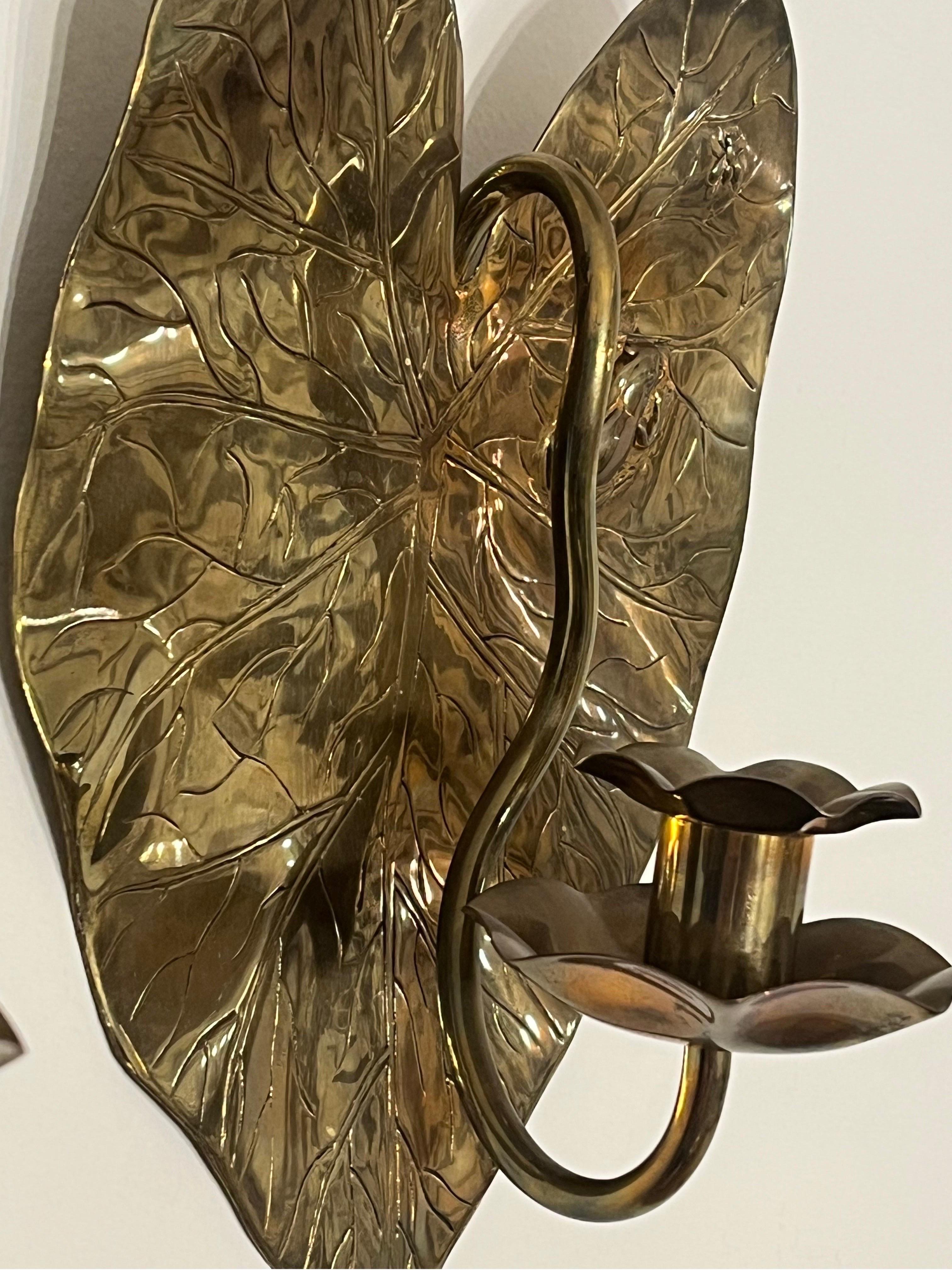 Pair Arts and Crafts Aesthetic Period Edwardian Brass Frog and Fly Candle Sconce 2