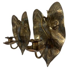 Antique Pair Arts and Crafts Aesthetic Period Edwardian Brass Frog and Fly Candle Sconce