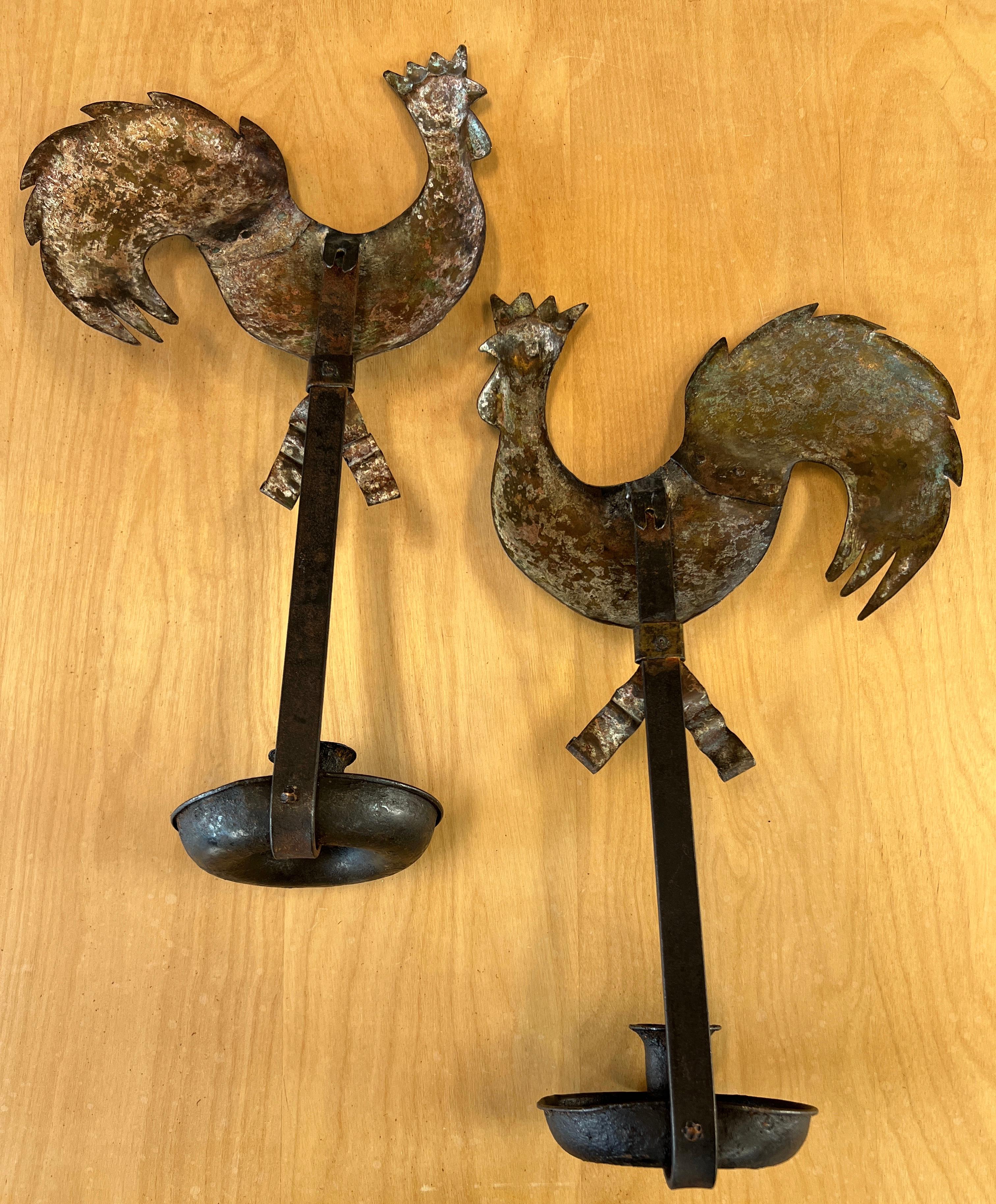 Pair Arts and Crafts Hammered Copper Gallic Rooster Sconces 8
