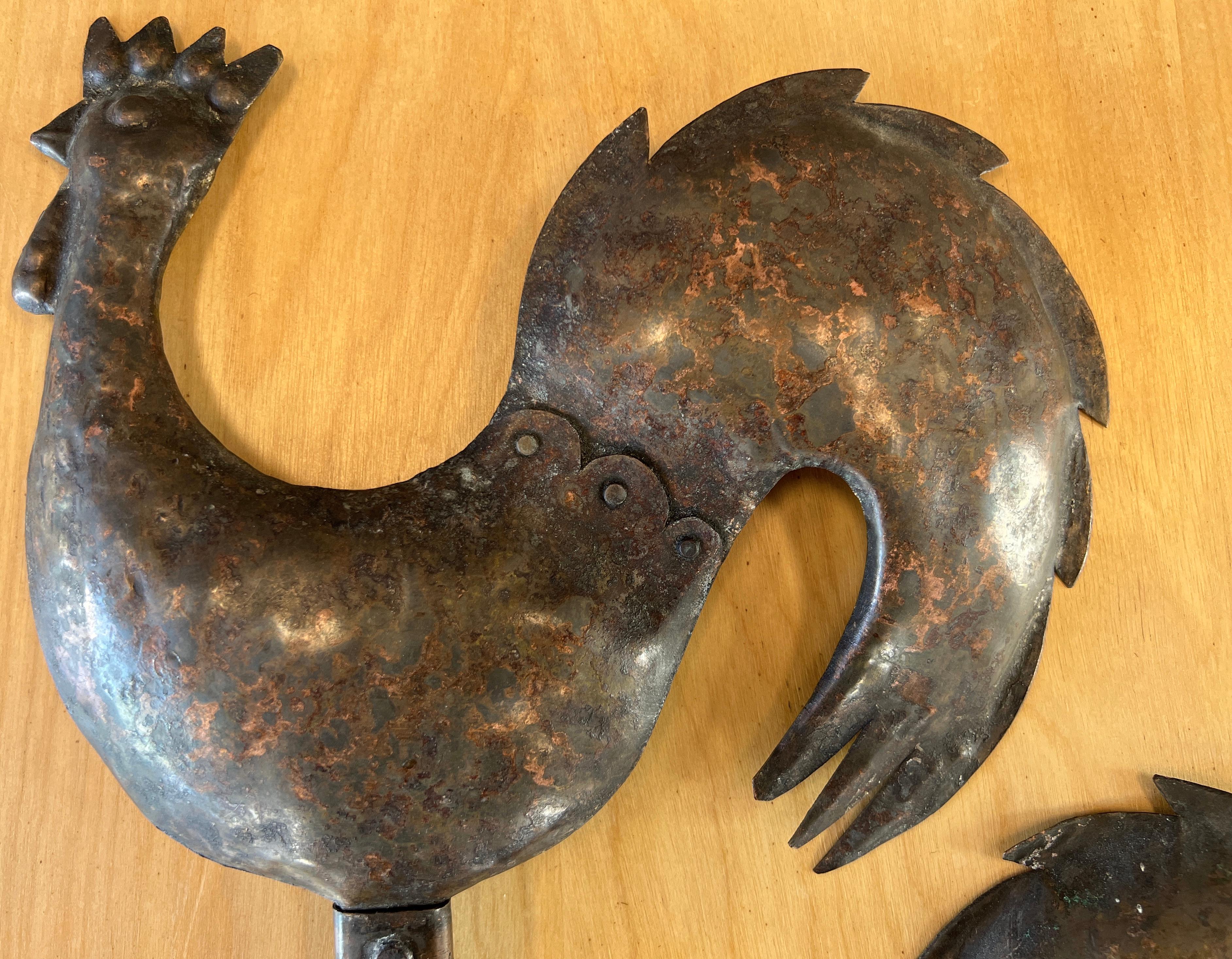 Pair Arts and Crafts Hammered Copper Gallic Rooster Sconces 2