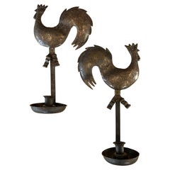 Pair Arts and Crafts Hammered Copper Gallic Rooster Sconces