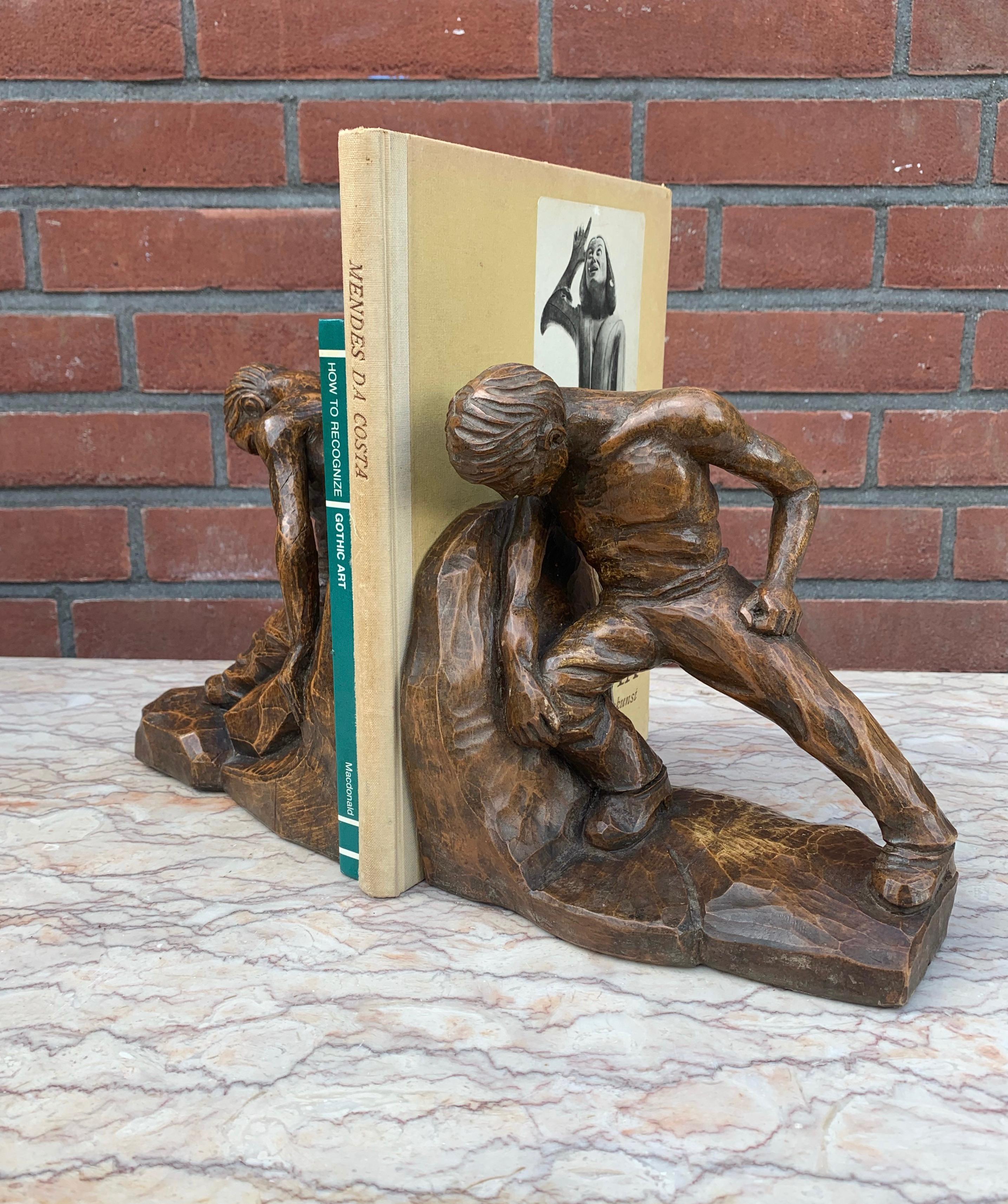 Pair of Arts & Crafts Hand Carved Bookends with Strong Semi Nude Muscular Males For Sale 2