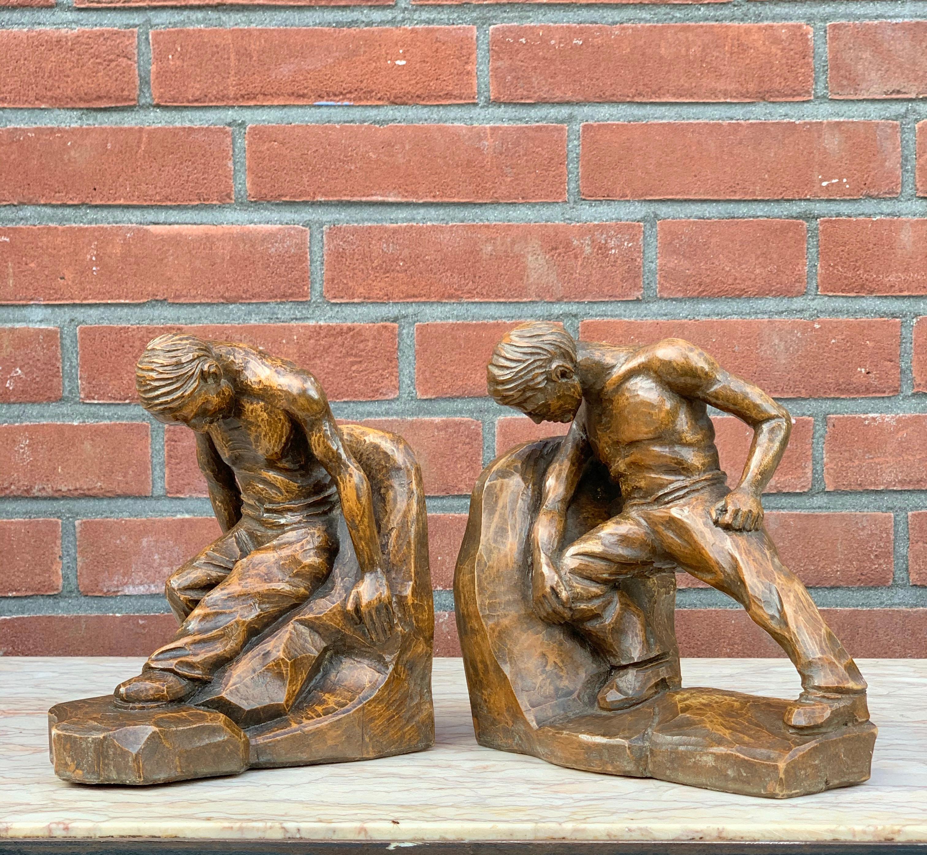 Pair of Arts & Crafts Hand Carved Bookends with Strong Semi Nude Muscular Males For Sale 7