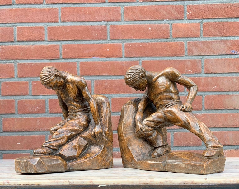 Pair of Arts and Crafts Hand Carved Bookends with Strong Semi Nude