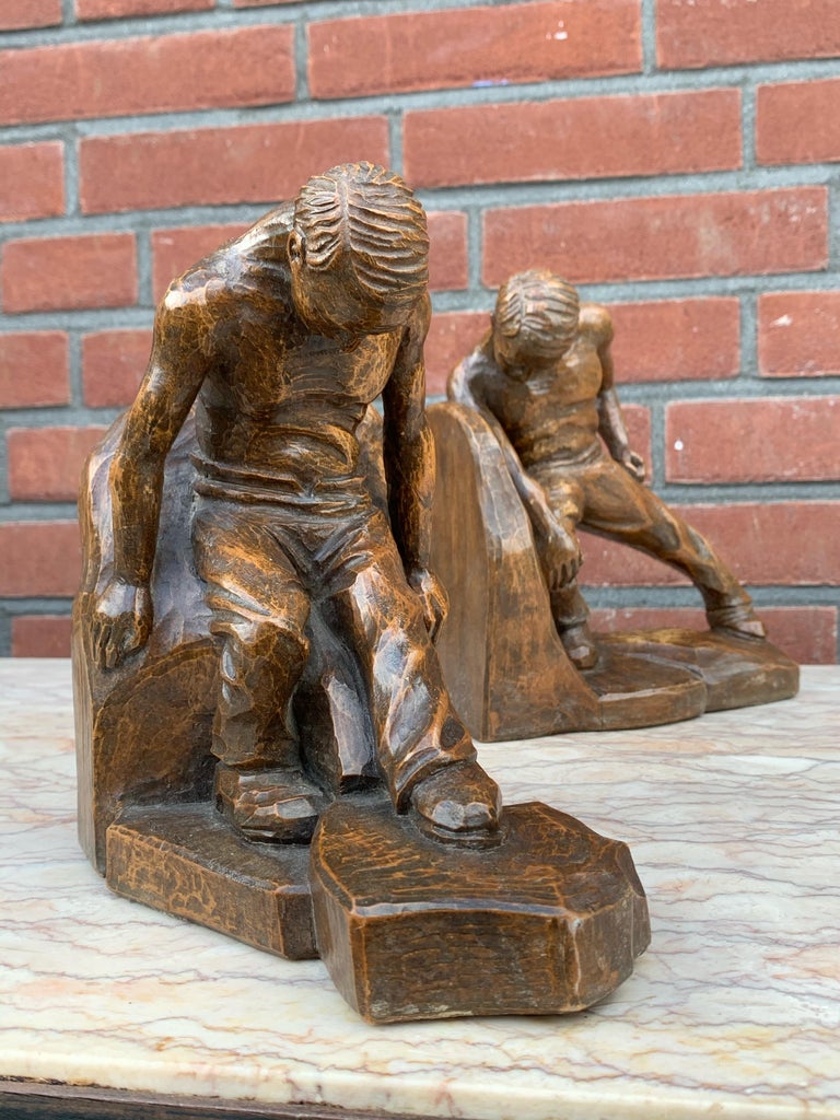 Pair of Arts and Crafts Hand Carved Bookends with Strong Semi Nude