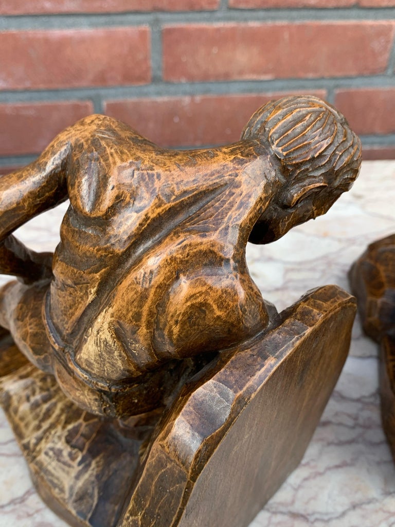 Pair of Arts and Crafts Hand Carved Bookends with Strong Semi Nude