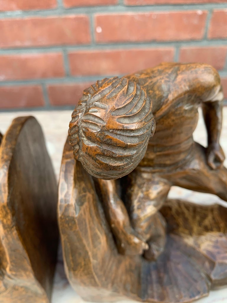 Pair of Arts and Crafts Hand Carved Bookends with Strong Semi Nude