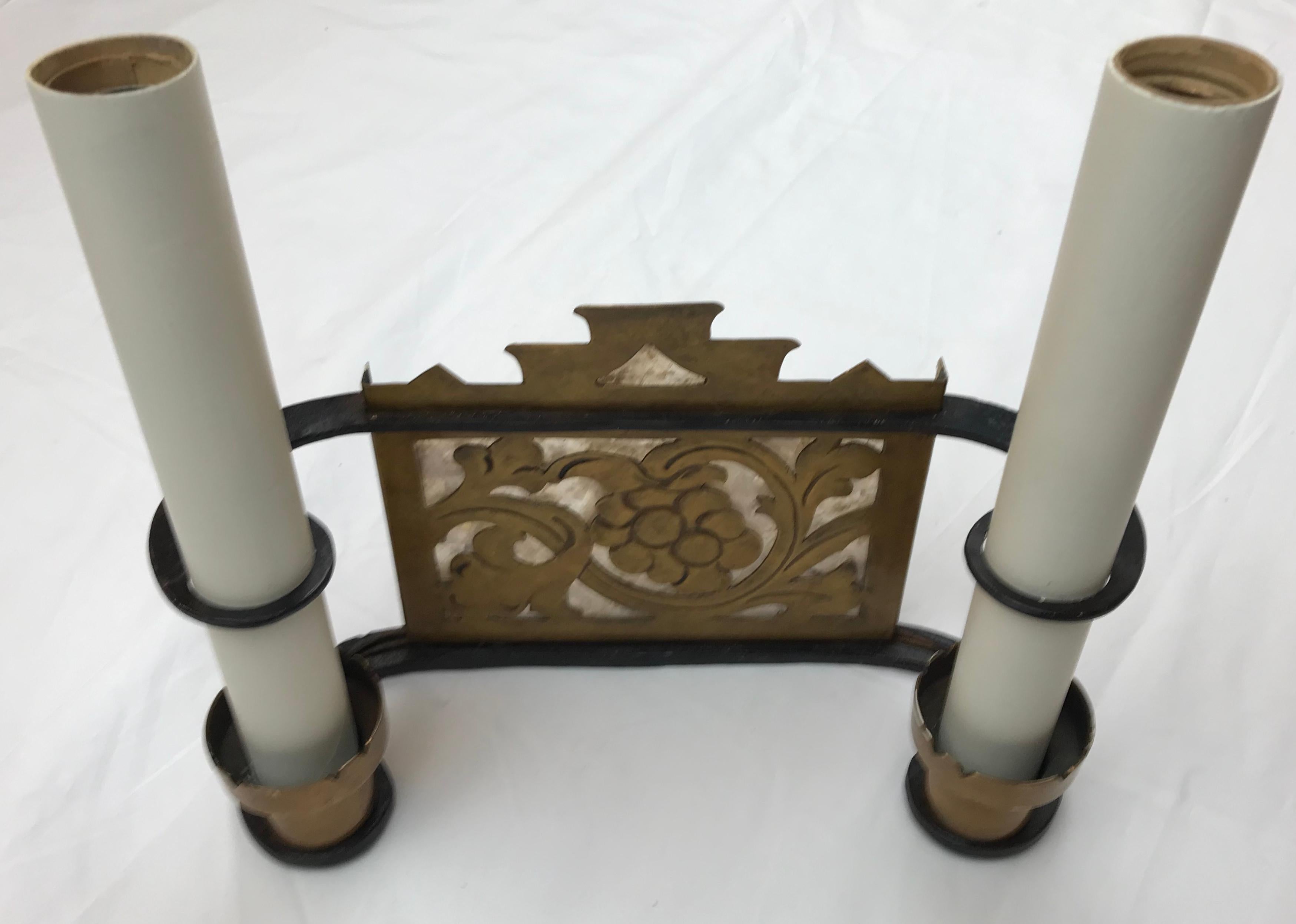 Pair Arts and Crafts Iron, Bronze, and Mica Sconces, Attributed to Oscar Bach For Sale 6