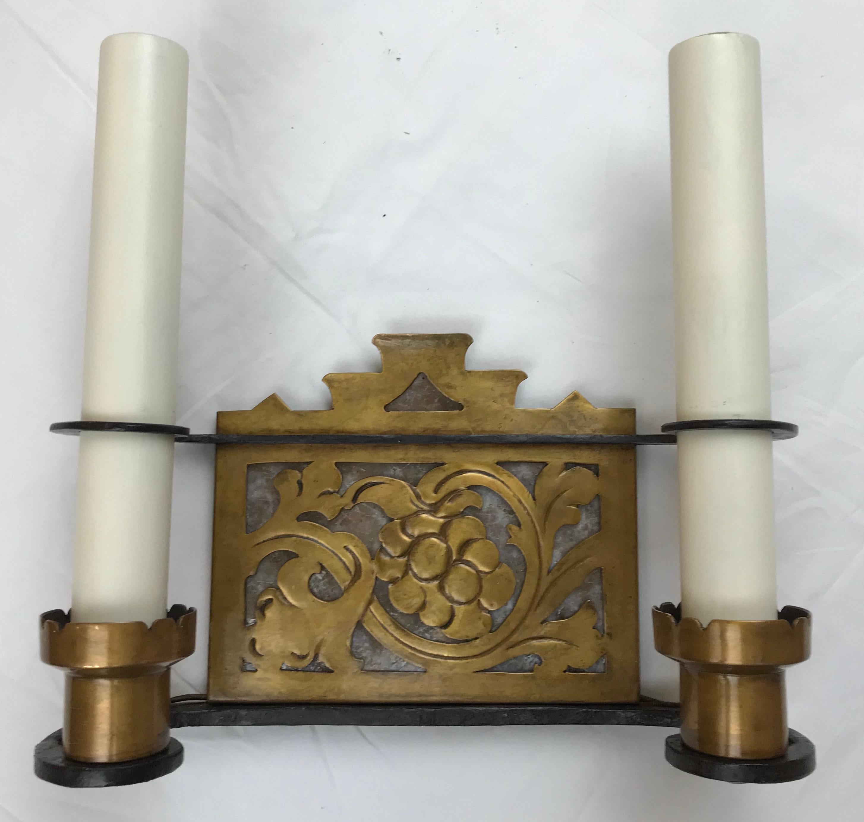 Pair Arts and Crafts Iron, Bronze, and Mica Sconces, Attributed to Oscar Bach For Sale 7