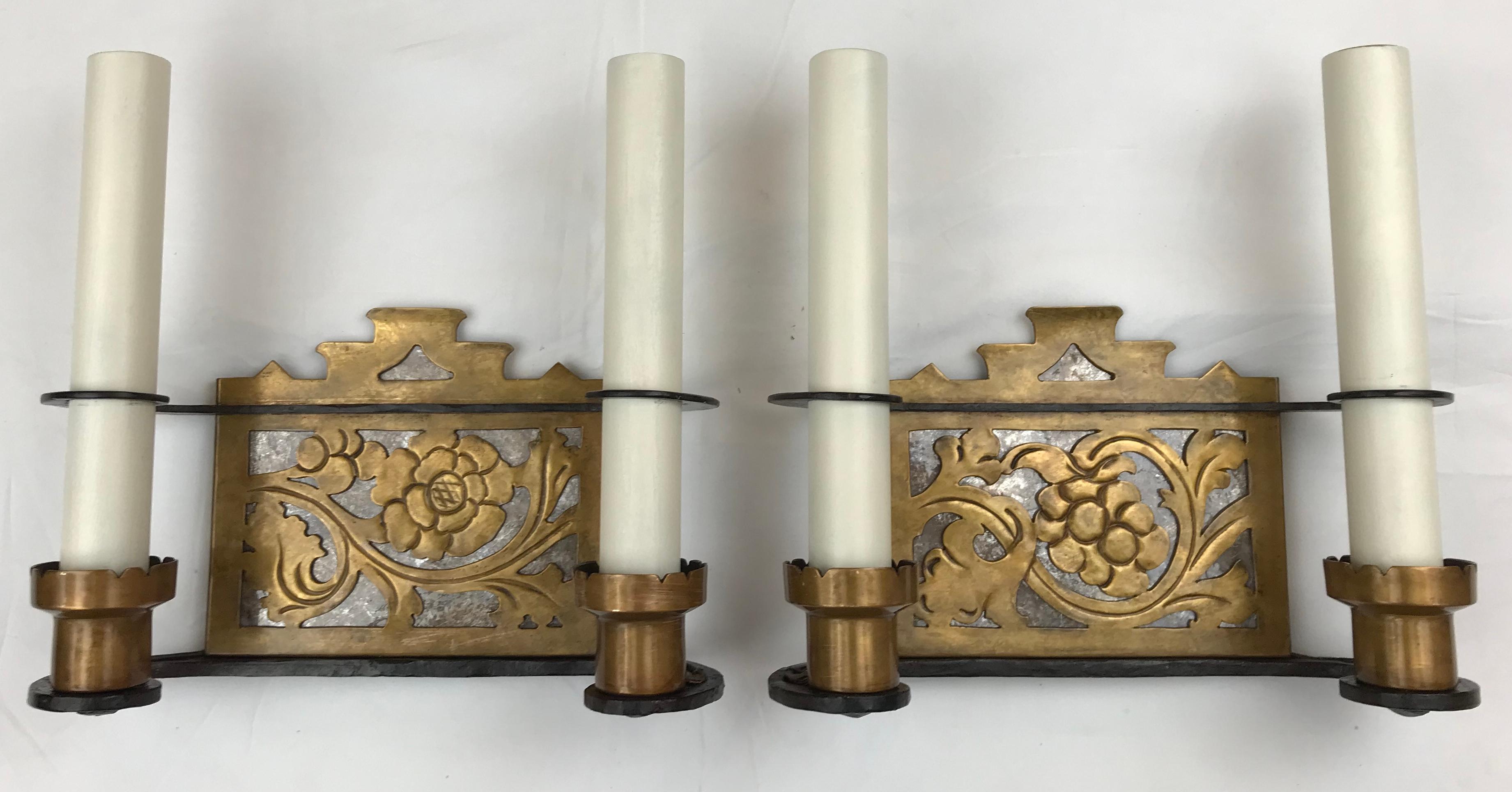 Pair Arts and Crafts Iron, Bronze, and Mica Sconces, Attributed to Oscar Bach For Sale 8