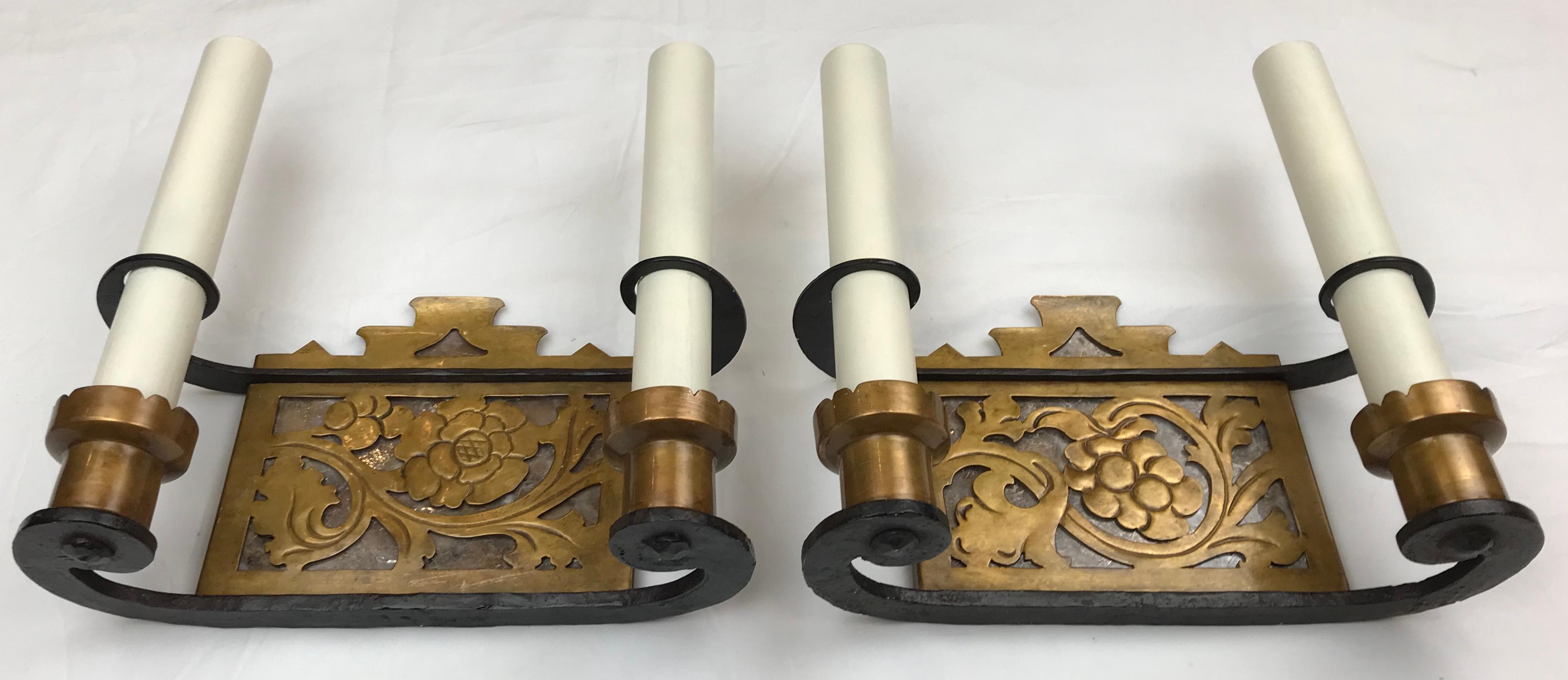 Pair Arts and Crafts Iron, Bronze, and Mica Sconces, Attributed to Oscar Bach For Sale 9
