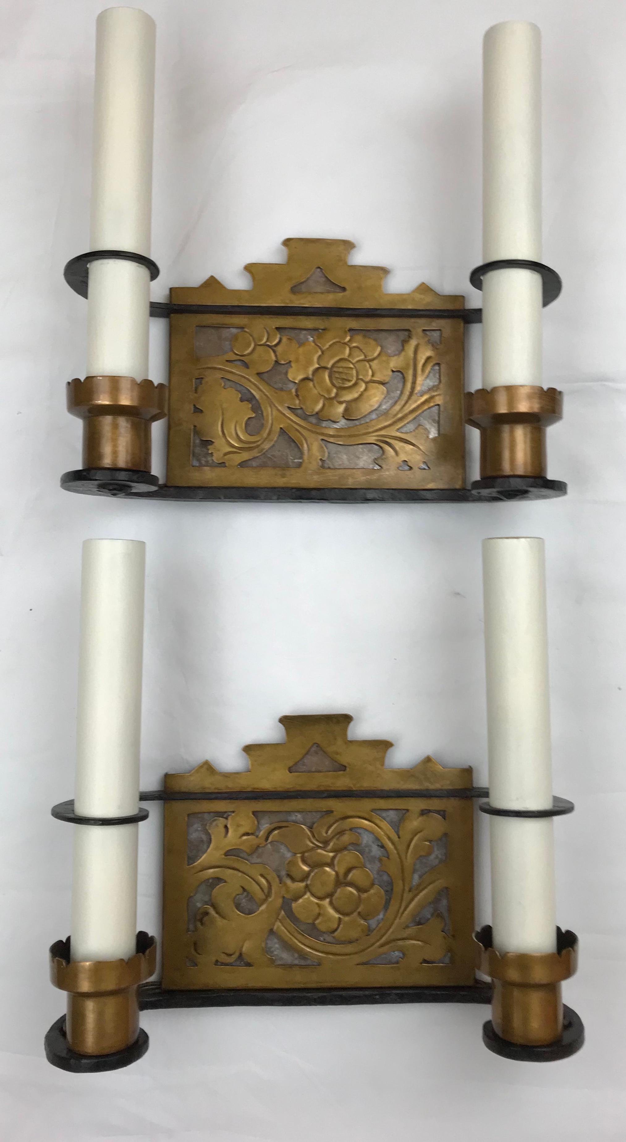 Pair Arts and Crafts Iron, Bronze, and Mica Sconces, Attributed to Oscar Bach For Sale 11