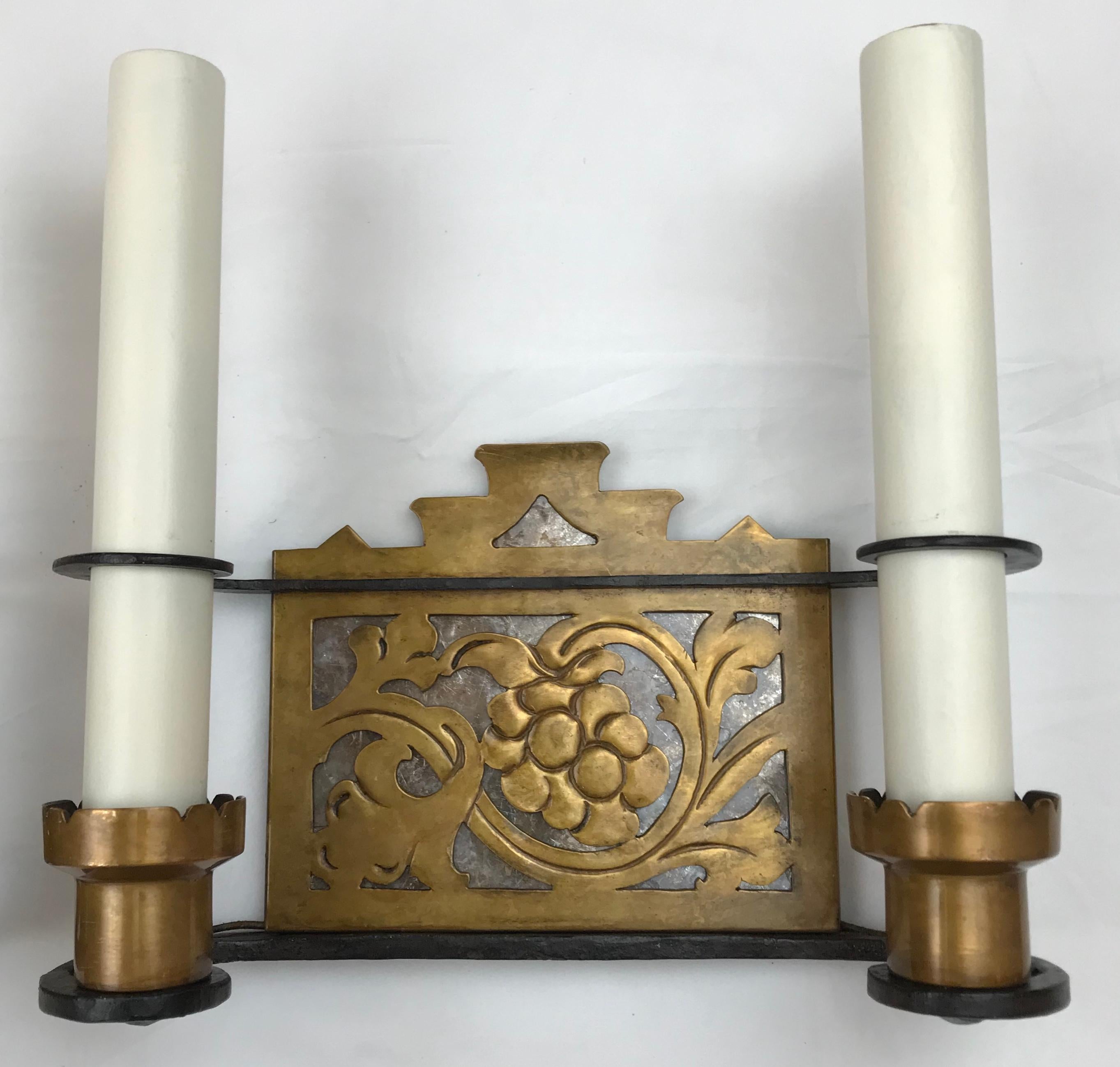 American Pair Arts and Crafts Iron, Bronze, and Mica Sconces, Attributed to Oscar Bach For Sale