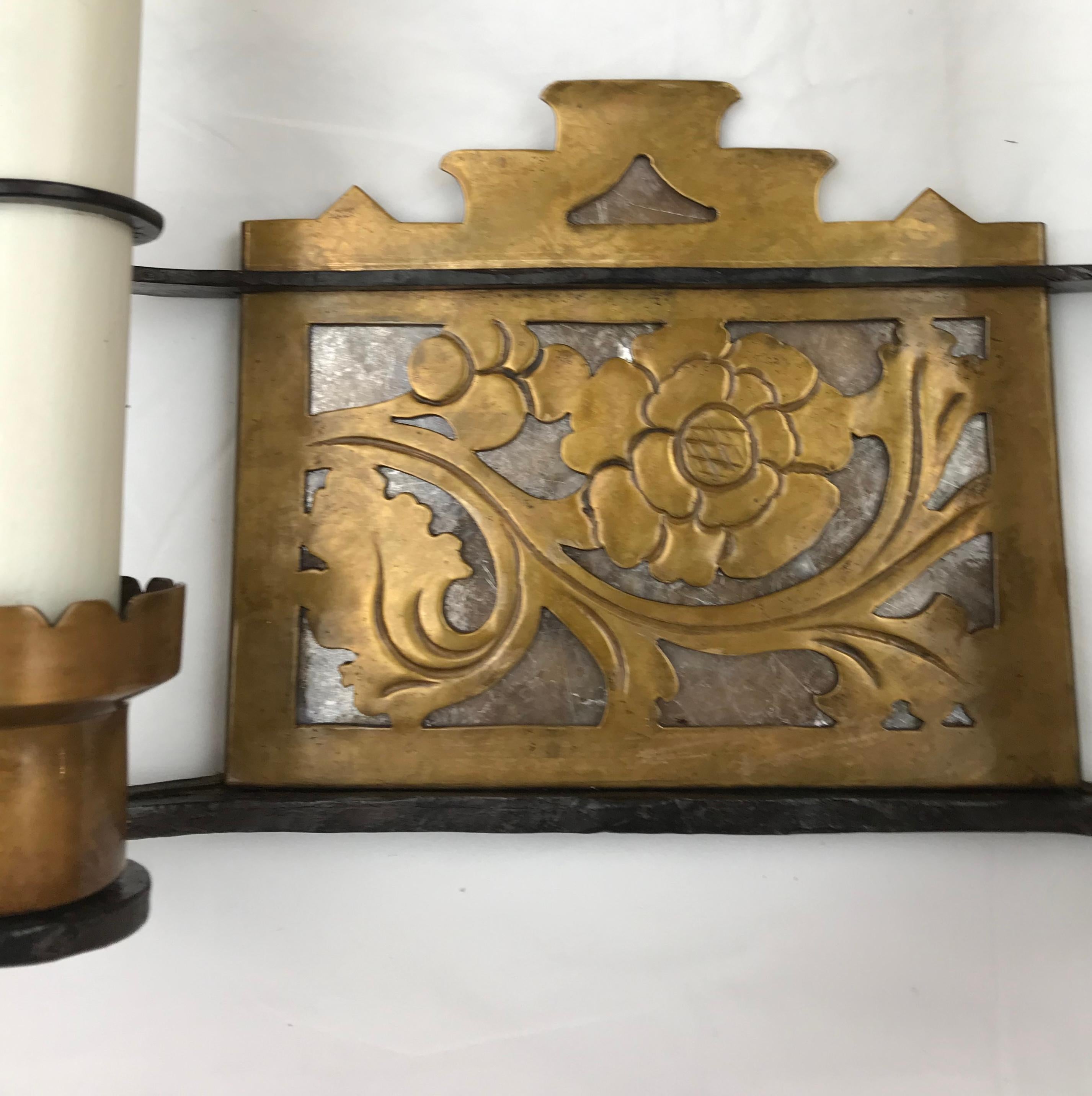 20th Century Pair Arts and Crafts Iron, Bronze, and Mica Sconces, Attributed to Oscar Bach For Sale