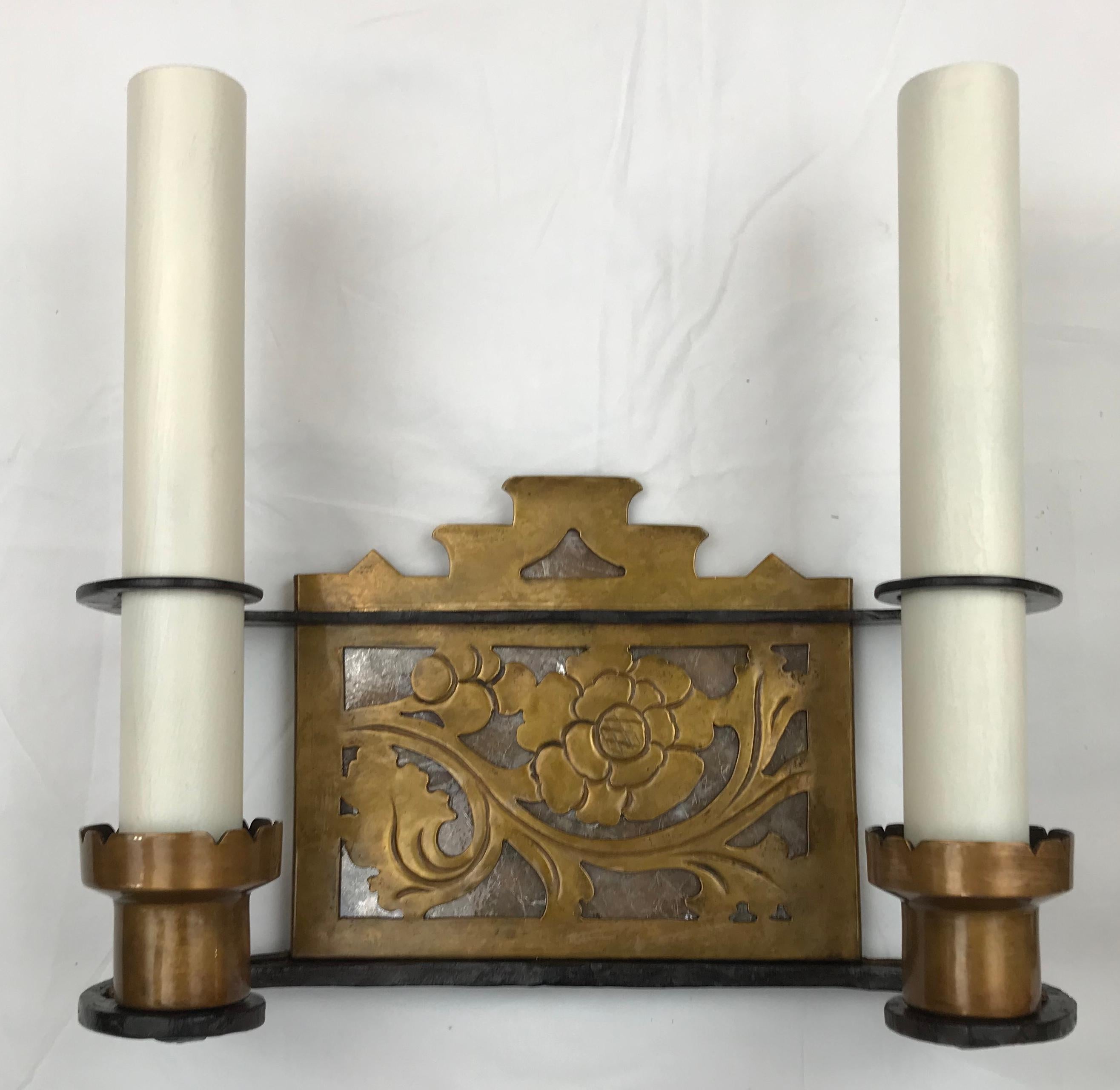 Pair Arts and Crafts Iron, Bronze, and Mica Sconces, Attributed to Oscar Bach For Sale 2