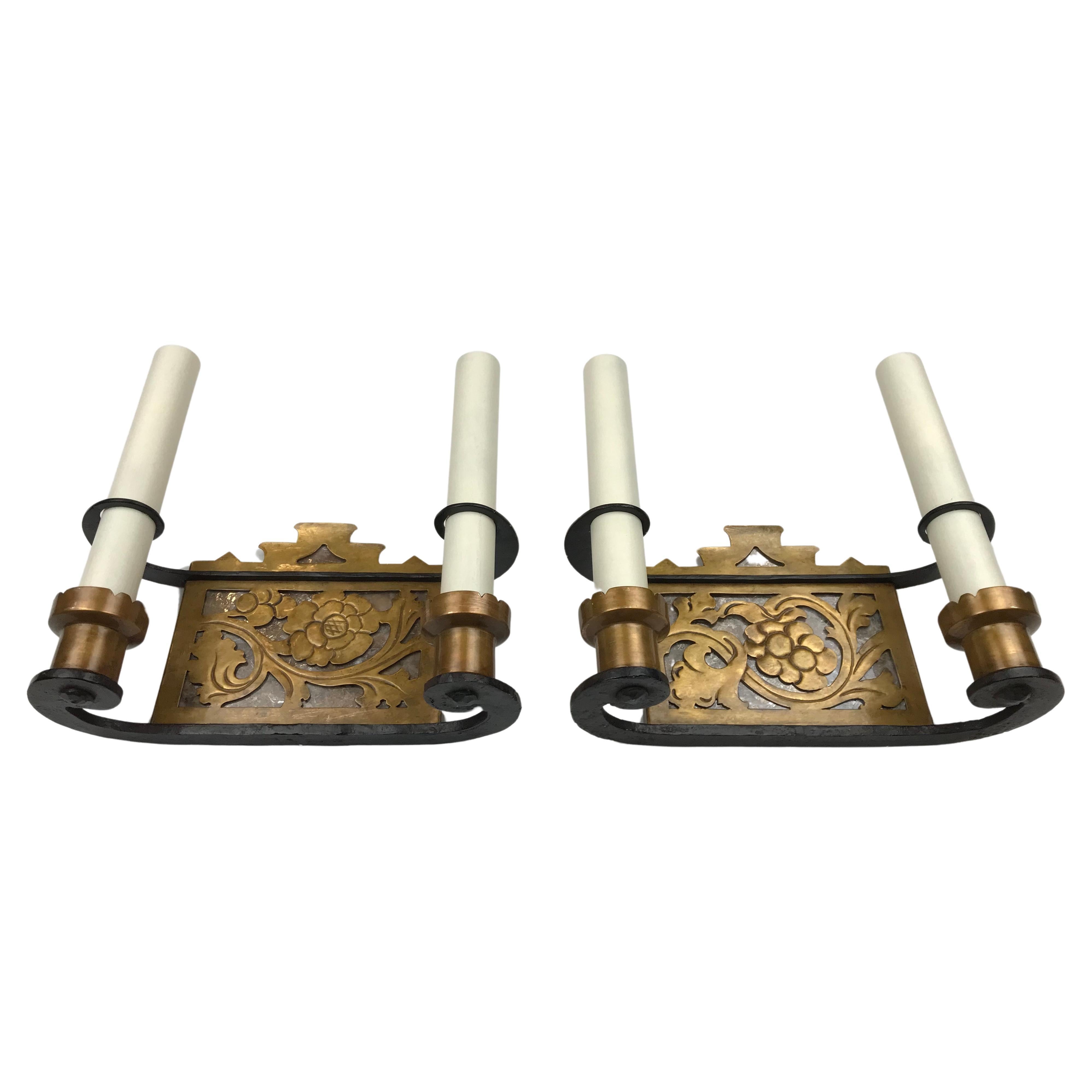 Pair Arts and Crafts Iron, Bronze, and Mica Sconces, Attributed to Oscar Bach For Sale