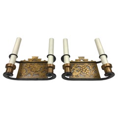 Antique Pair Arts and Crafts Iron, Bronze, and Mica Sconces, Attributed to Oscar Bach