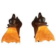 Antique Pair Arts & Crafts Bronze Sconces w/Original Kokomo Slag Glass Shades ca. 1910