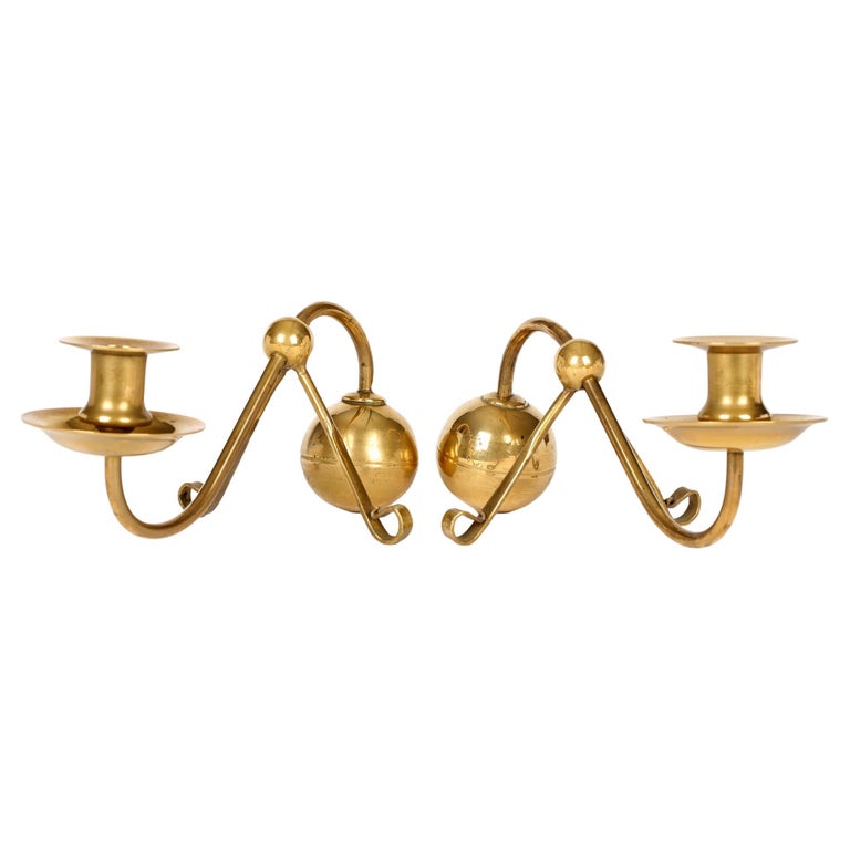 Pair Arts and Crafts Counter Balanced Brass Piano Candlesticks For Sale