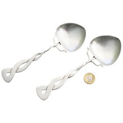 Pair Arts & Crafts Hammered Silver Serving Spoons, Oliver Baker, Liberty & Co.