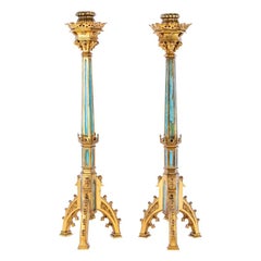 Pair of Arts & Crafts Period Neo-Gothic Style Gilt Bronze Candlesticks