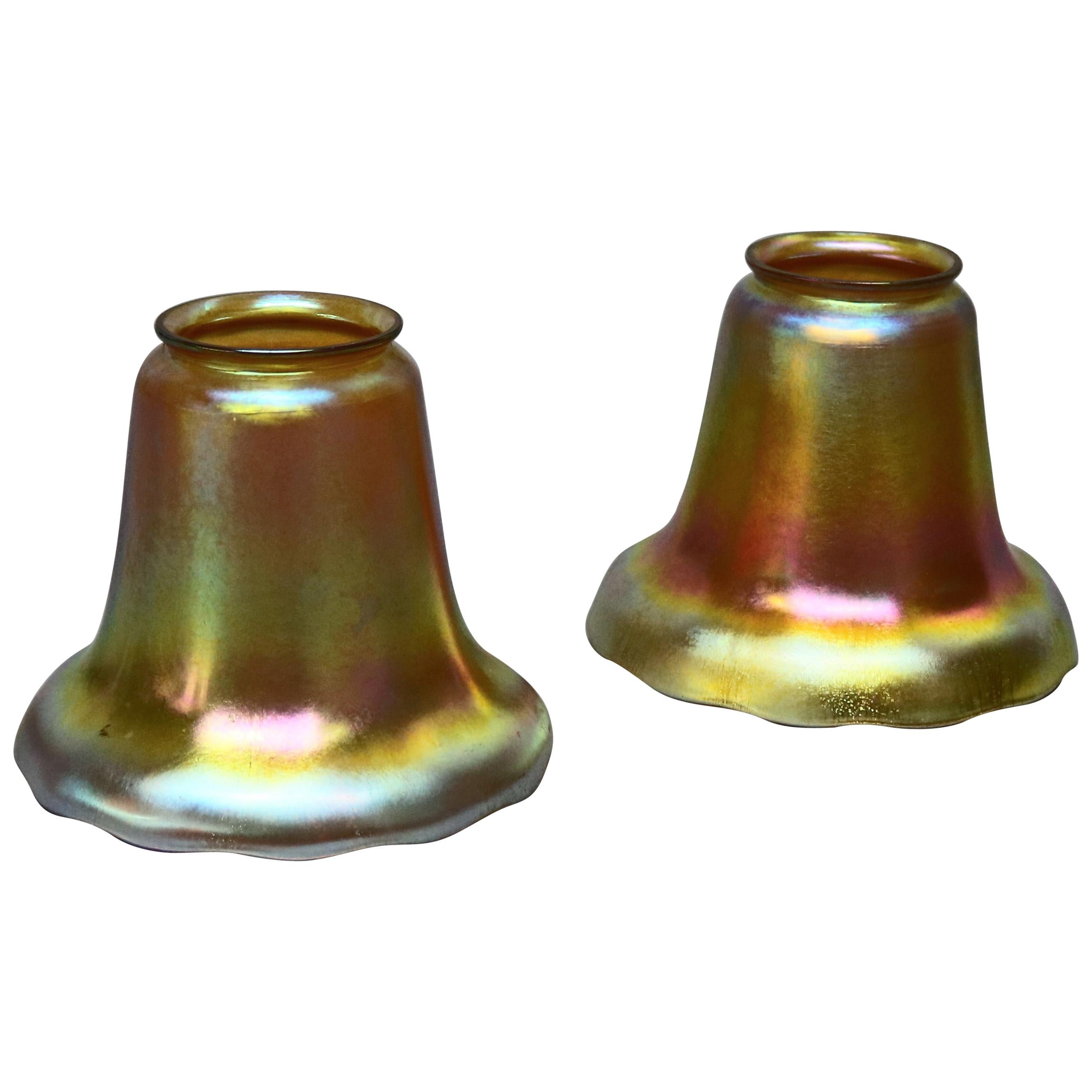 Pair of Arts 
Crafts Steuben Gold Aurene Iridized Art Glass Bell Shades