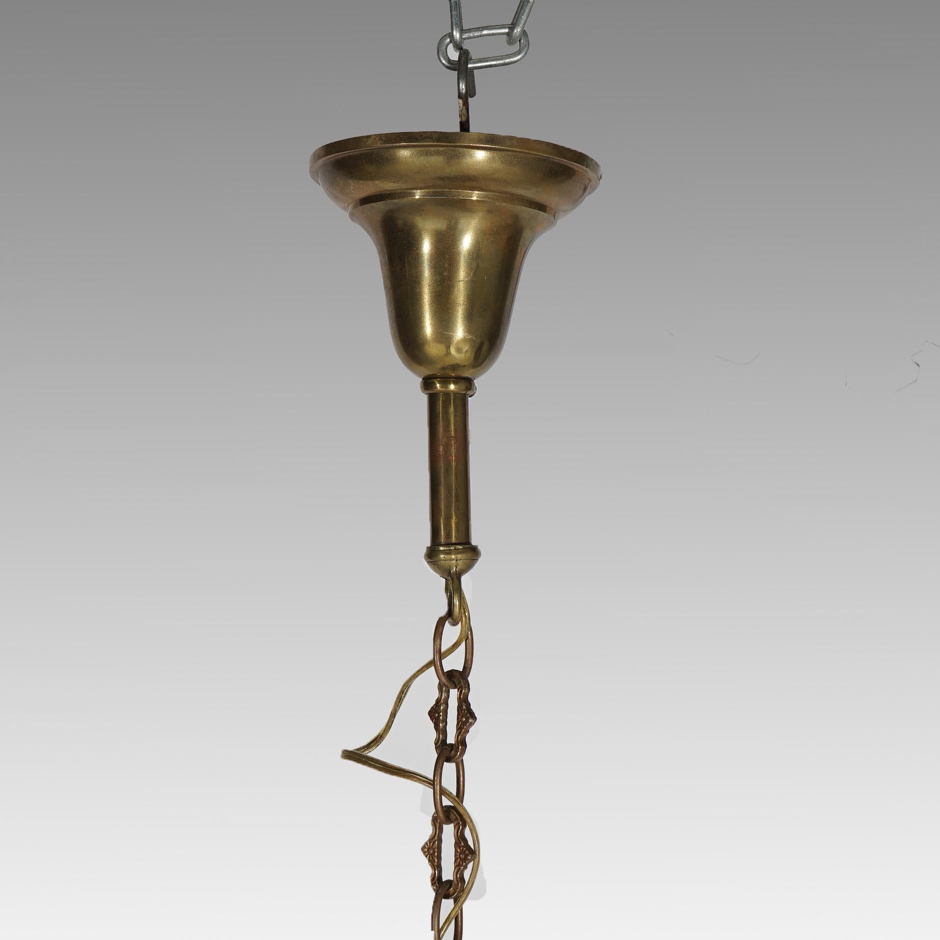 Pair Arts & Crafts Steuben Pulled Feather Art Glass & Brass Pendant Lights 5