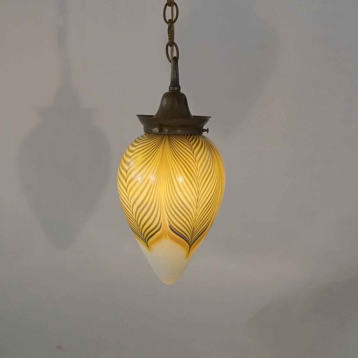 American Pair Arts & Crafts Steuben Pulled Feather Art Glass & Brass Pendant Lights  For Sale