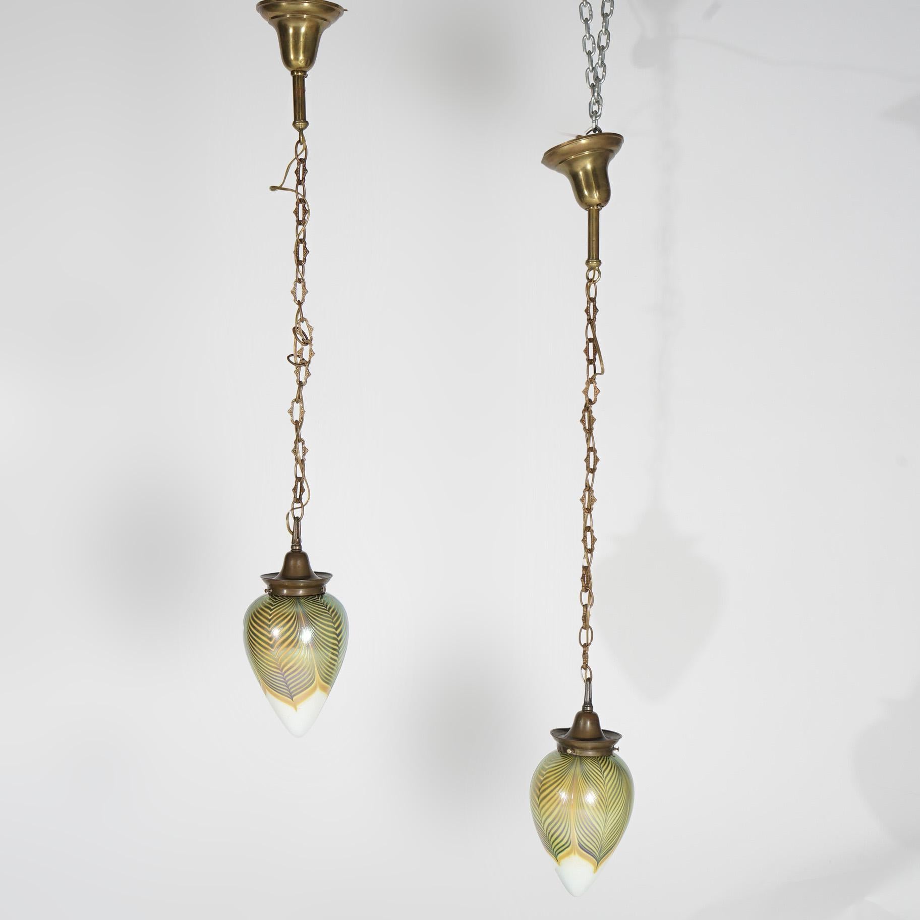 Pair Arts & Crafts Steuben Pulled Feather Art Glass & Brass Pendant Lights  In Good Condition In Big Flats, NY