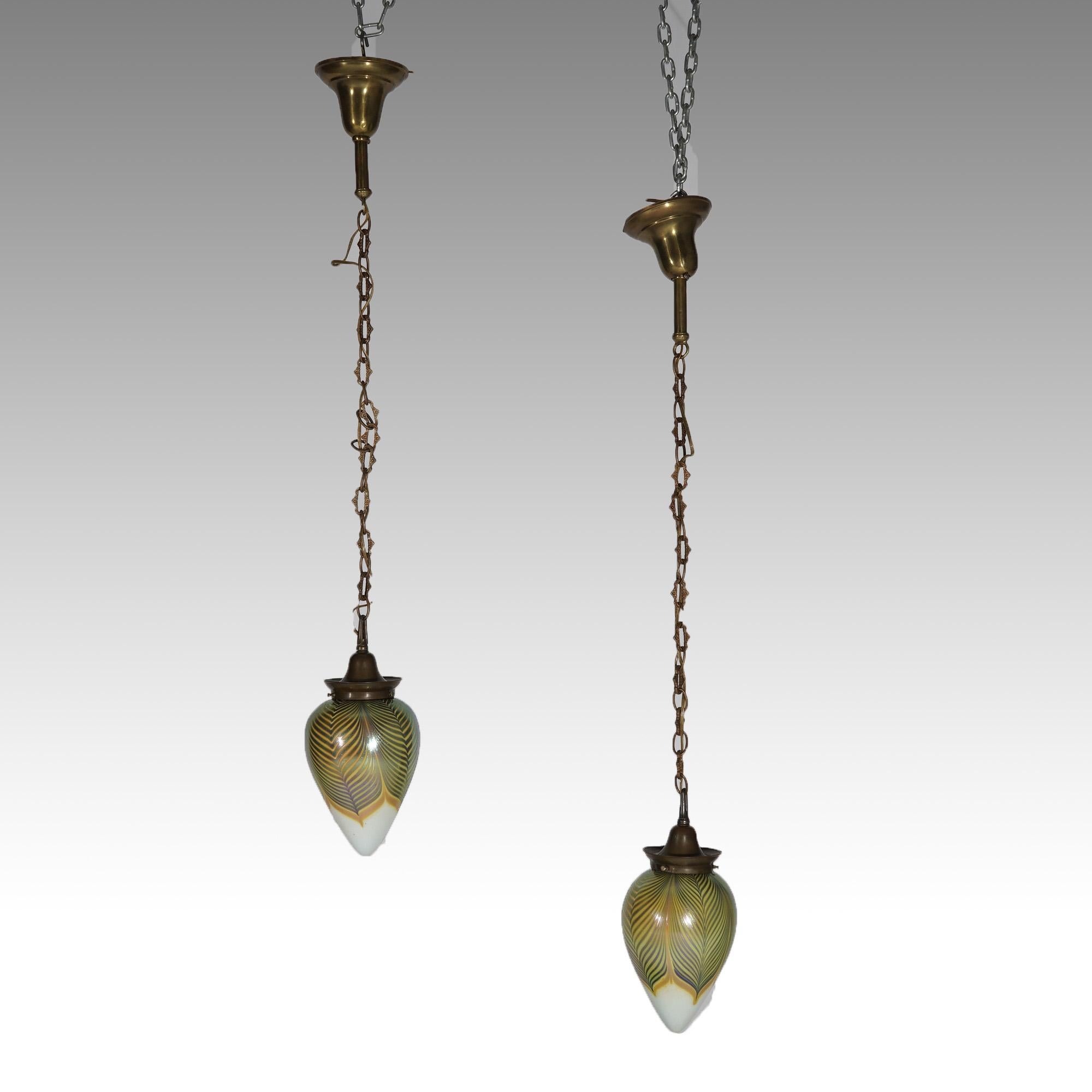 20th Century Pair Arts & Crafts Steuben Pulled Feather Art Glass & Brass Pendant Lights  For Sale
