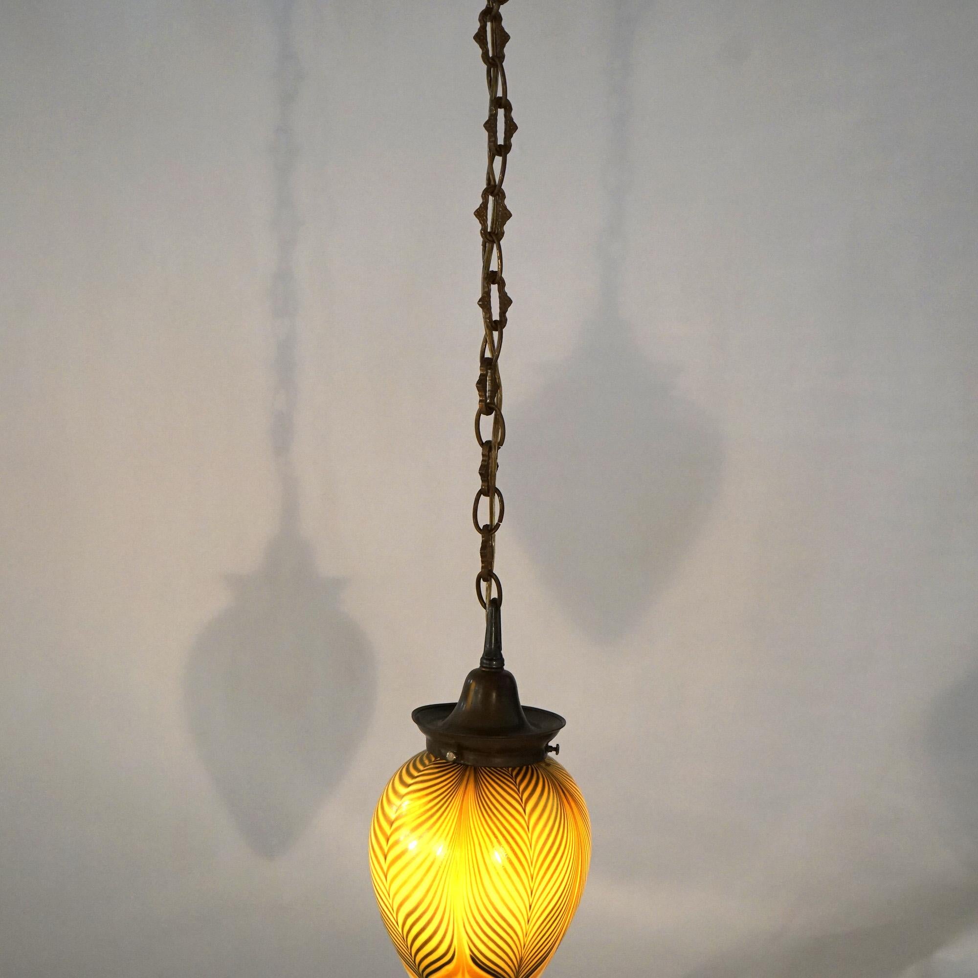 Pair Arts & Crafts Steuben Pulled Feather Art Glass & Brass Pendant Lights  1