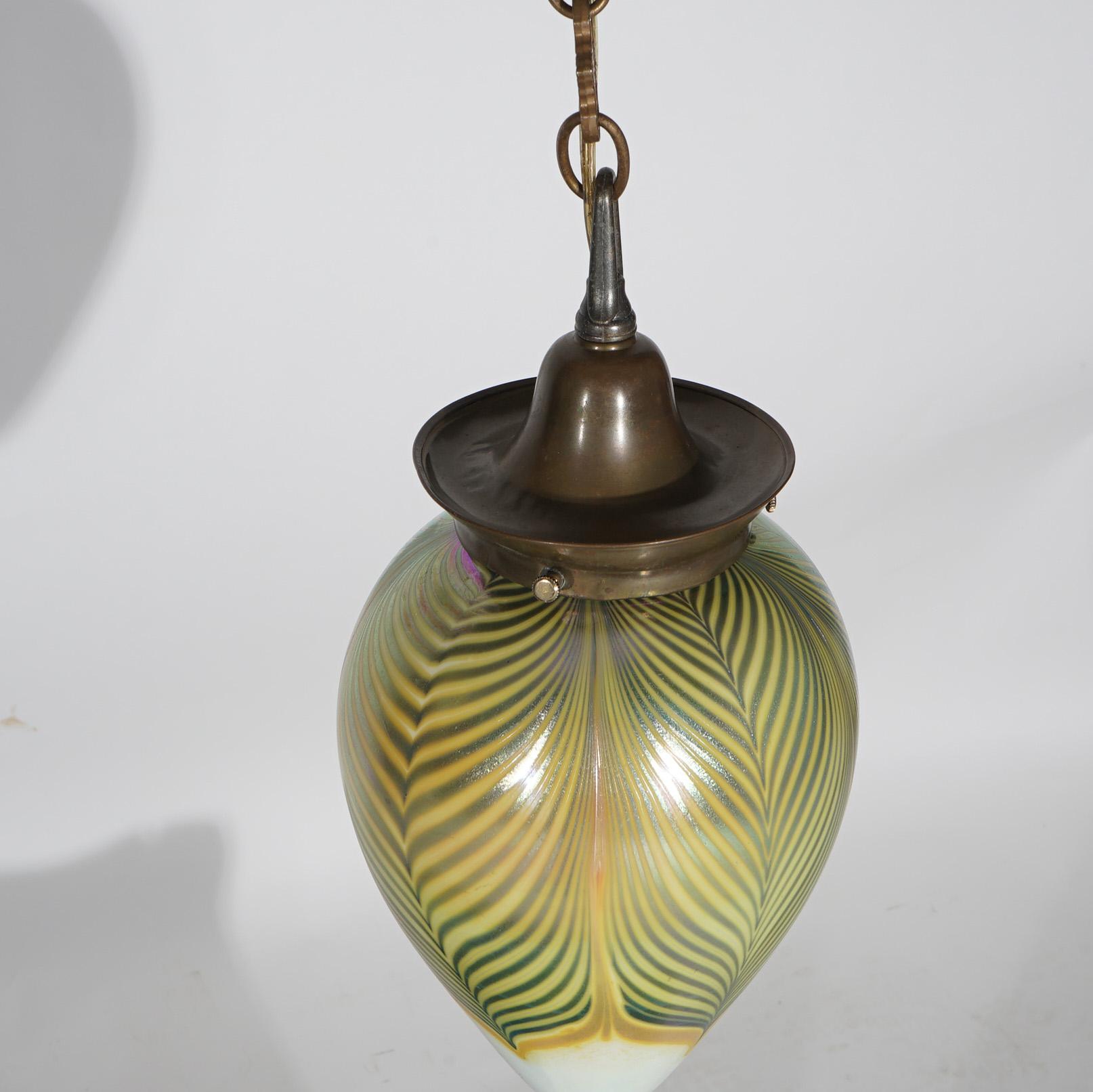 Pair Arts & Crafts Steuben Pulled Feather Art Glass & Brass Pendant Lights  2