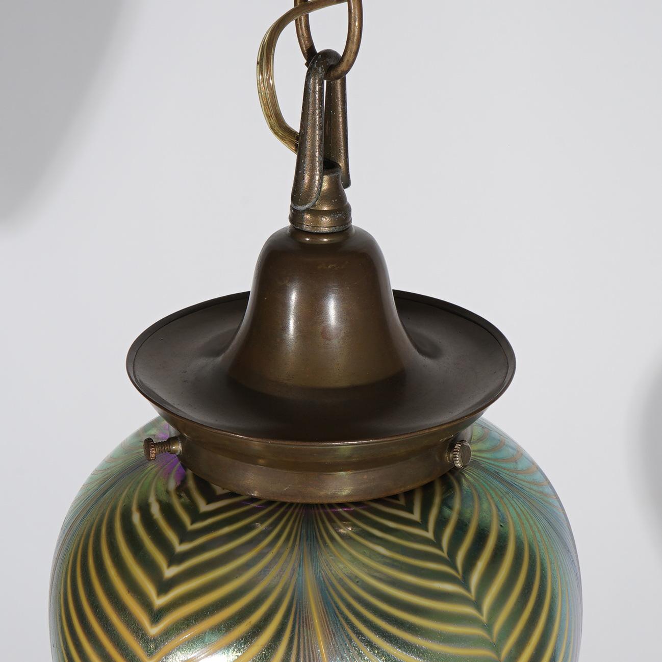 Pair Arts & Crafts Steuben Pulled Feather Art Glass & Brass Pendant Lights  3