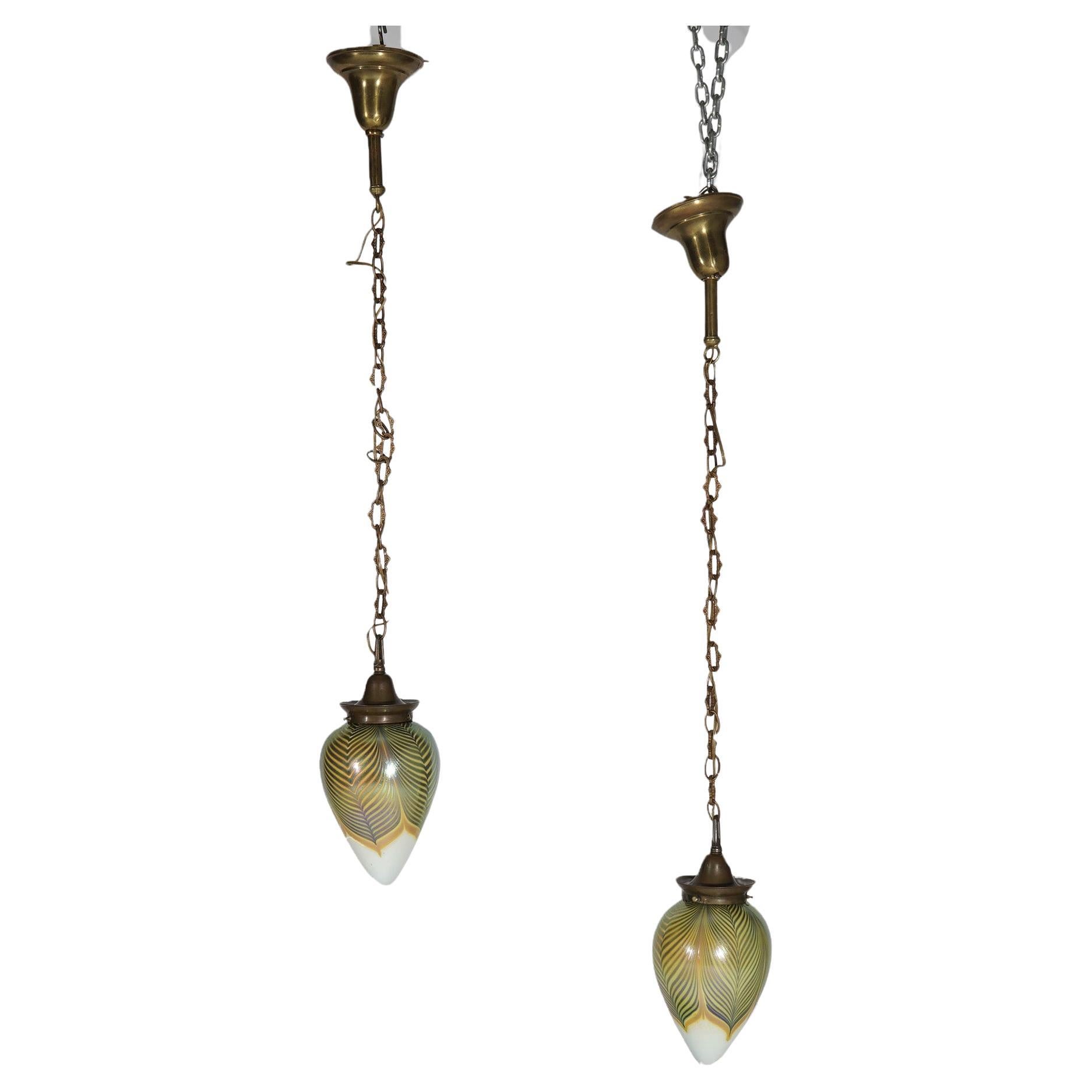 Pair Arts & Crafts Steuben Pulled Feather Art Glass & Brass Pendant Lights  For Sale