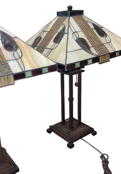 Pair Arts & Crafts Style Metal & Glass Table Lamps. U.S.A. Late 20th Century.