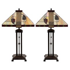 Pair Arts & Crafts Style Metal & Glass Table Lamps. U.S.A. Late 20th Century.