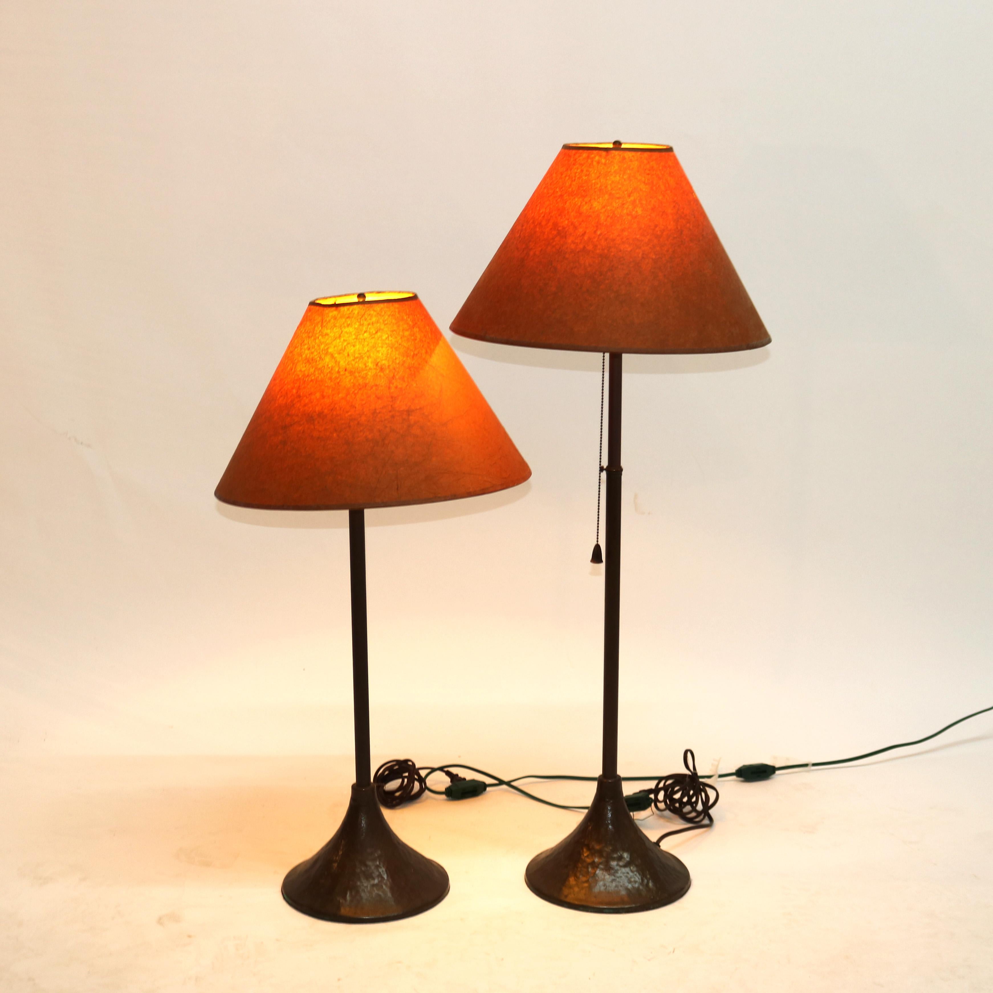 Pair of Arts & Crafts Tall Retractable Copper Single Socket Table Lamps & Shades

 Measures - 52'h max h, 36