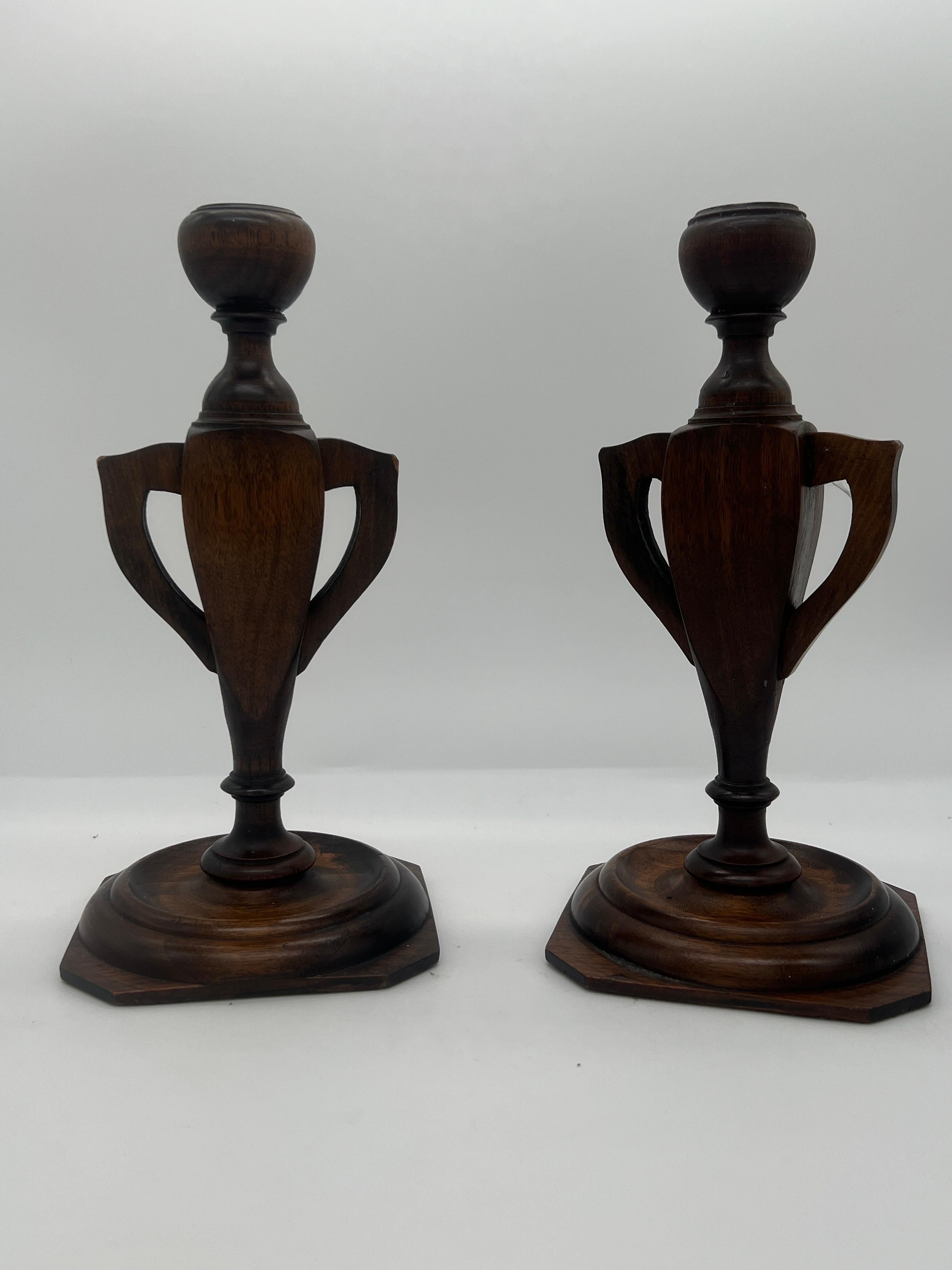 Arts and Crafts Pair, Arts & Crafts Trophy Urn Form Carved Wood Candlesticks Circa 1910 For Sale