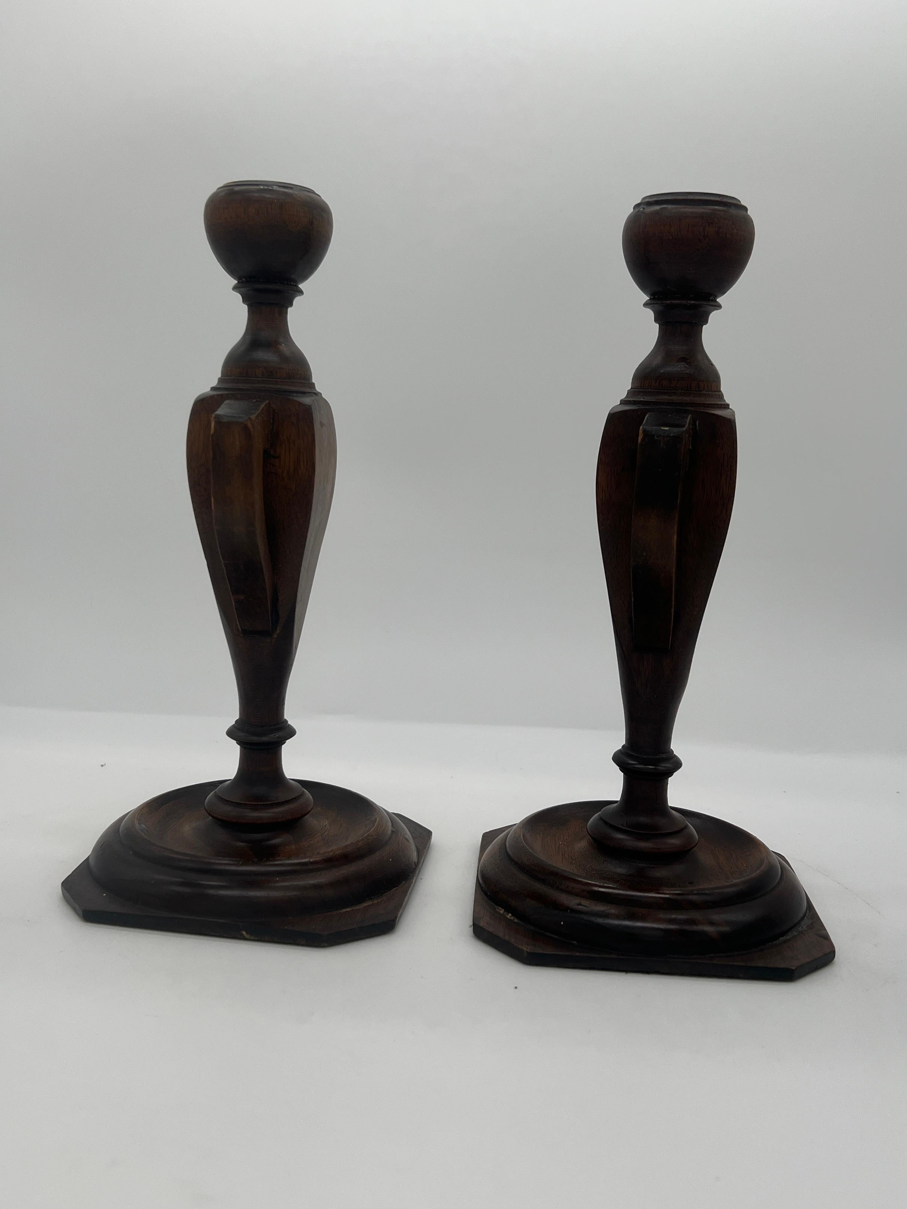 20th Century Pair, Arts & Crafts Trophy Urn Form Carved Wood Candlesticks Circa 1910 For Sale