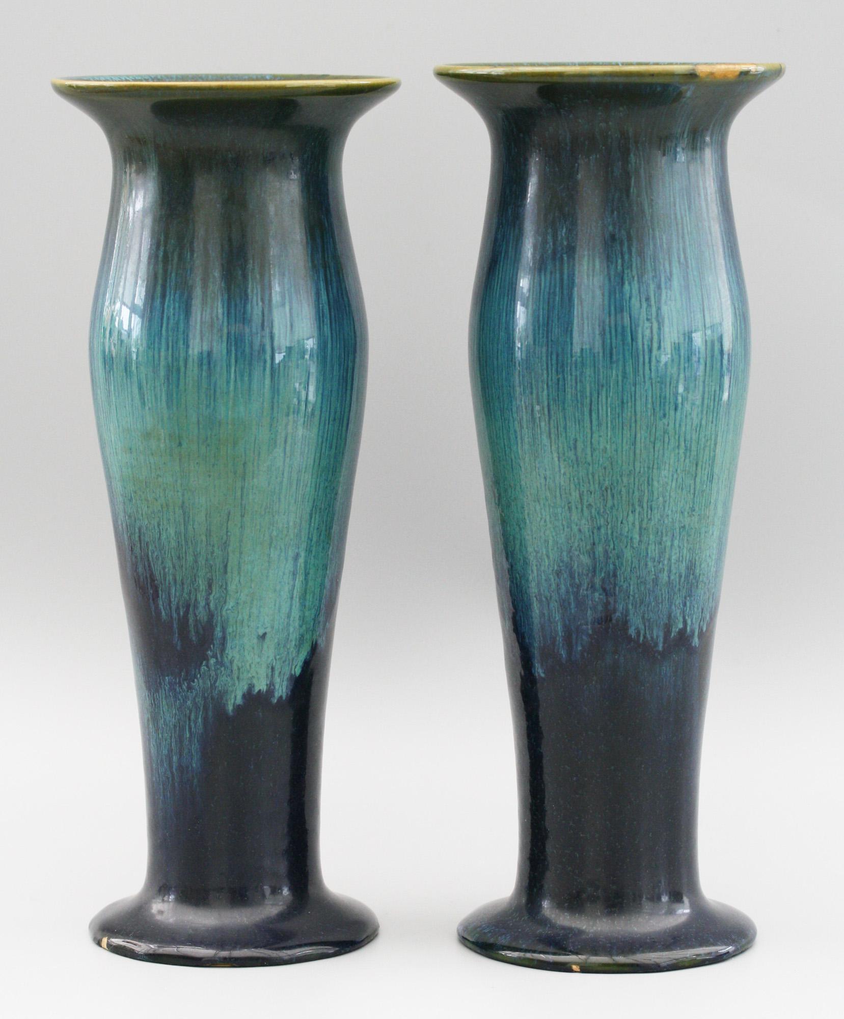 Pair of Ashby Potters Guild Art Nouveau Mottled Blue Glazed Vases For Sale 3
