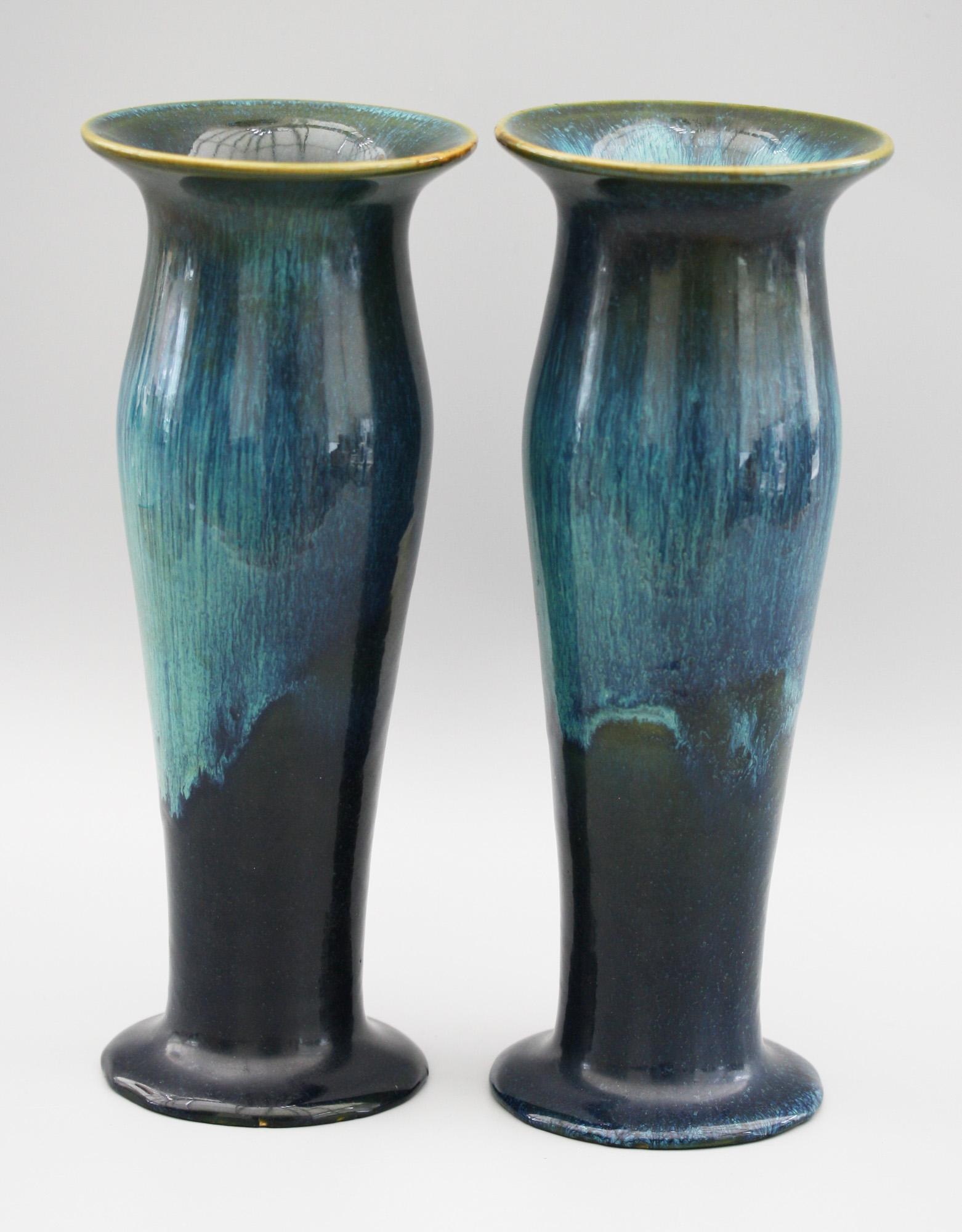 Pair of Ashby Potters Guild Art Nouveau Mottled Blue Glazed Vases For Sale 5