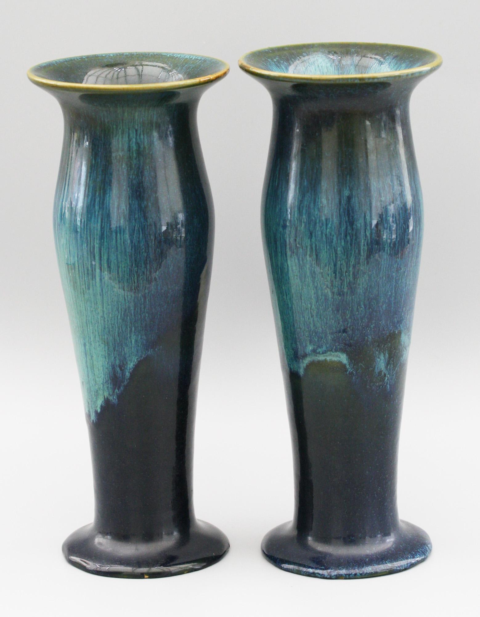 Pair of Ashby Potters Guild Art Nouveau Mottled Blue Glazed Vases For Sale 6