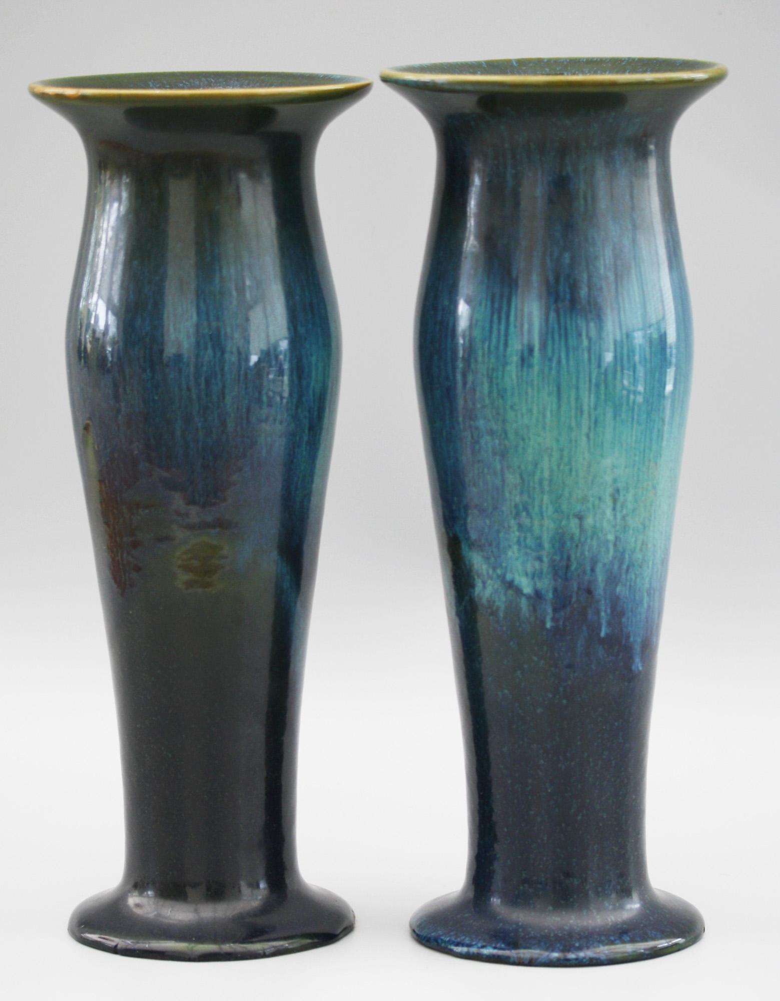 Pair of Ashby Potters Guild Art Nouveau Mottled Blue Glazed Vases For Sale 8