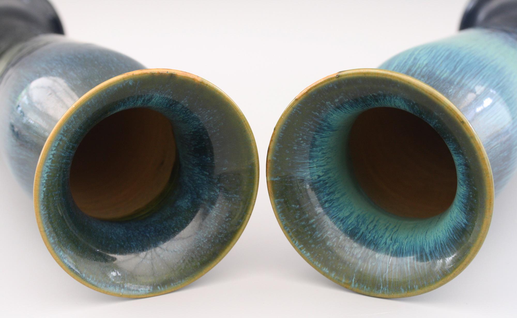 English Pair of Ashby Potters Guild Art Nouveau Mottled Blue Glazed Vases For Sale