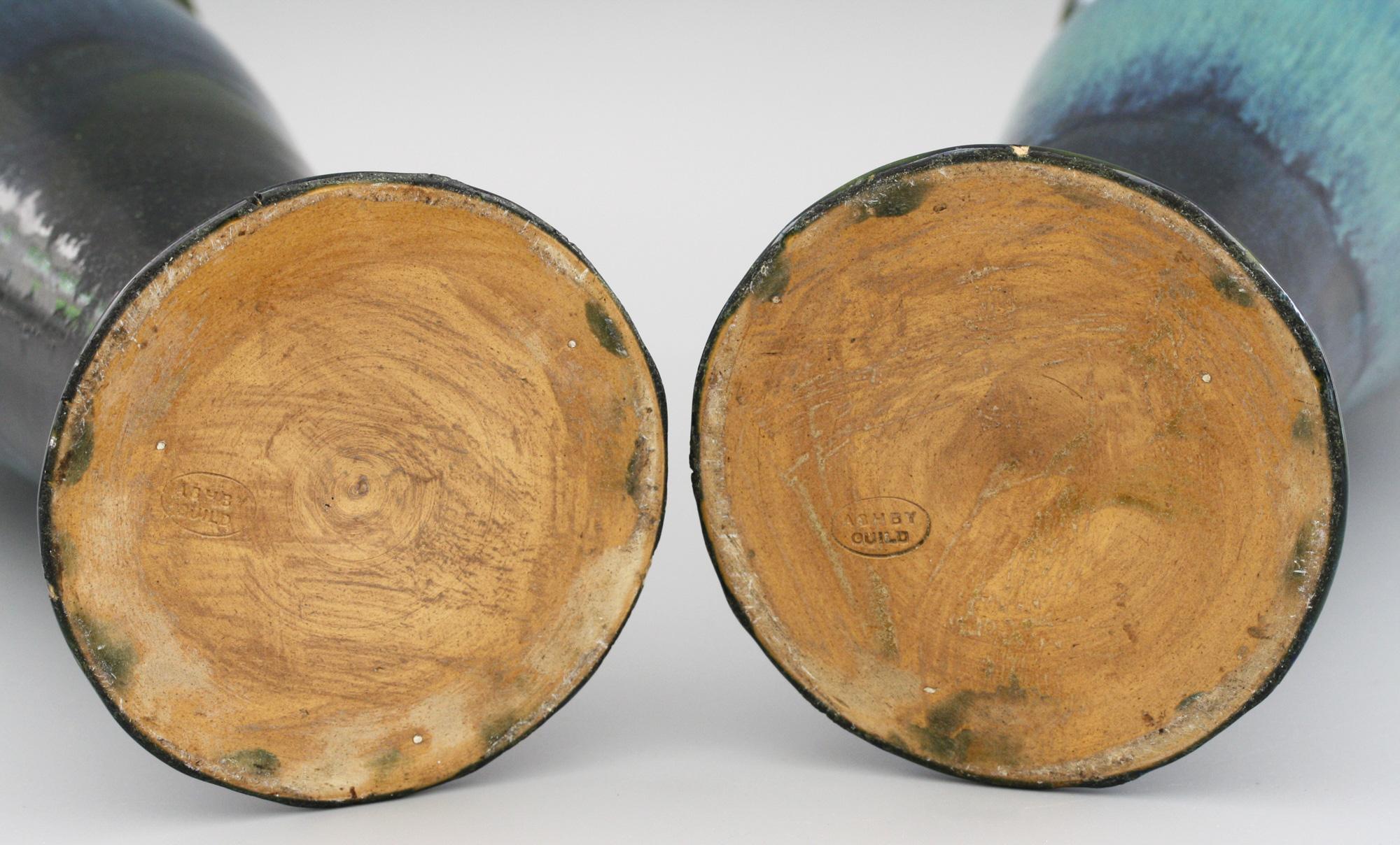 Early 20th Century Pair of Ashby Potters Guild Art Nouveau Mottled Blue Glazed Vases For Sale
