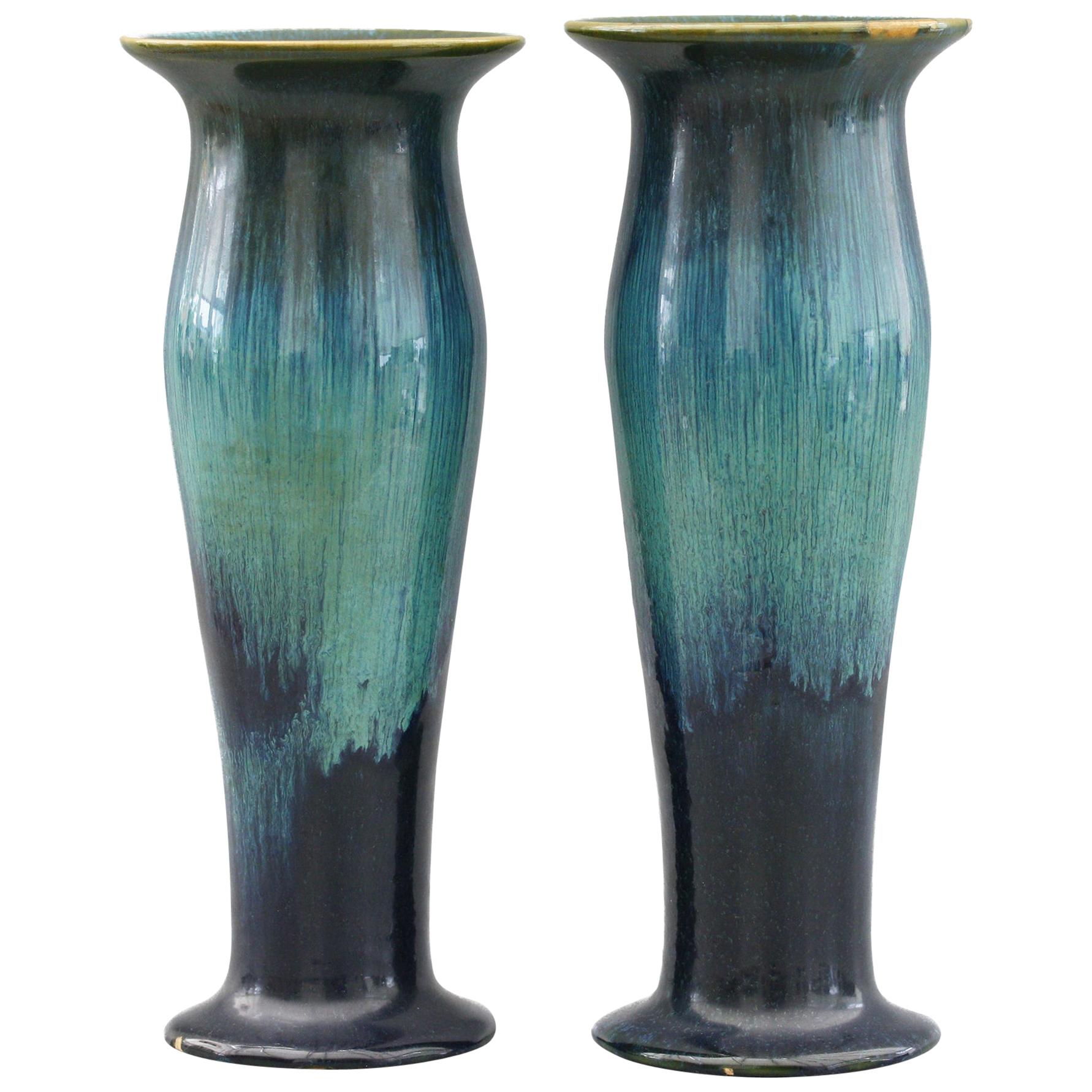 Pair of Ashby Potters Guild Art Nouveau Mottled Blue Glazed Vases