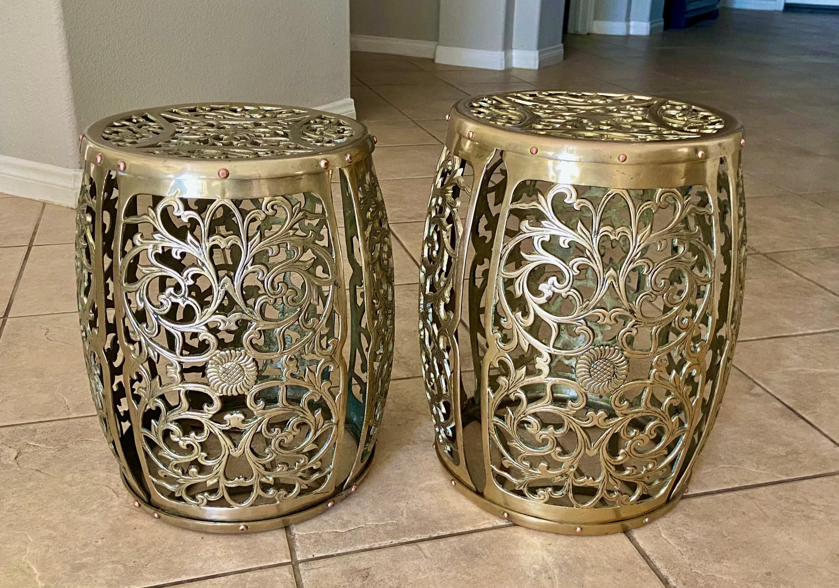 Pair Asian Brass Round Garden Stools  For Sale 3