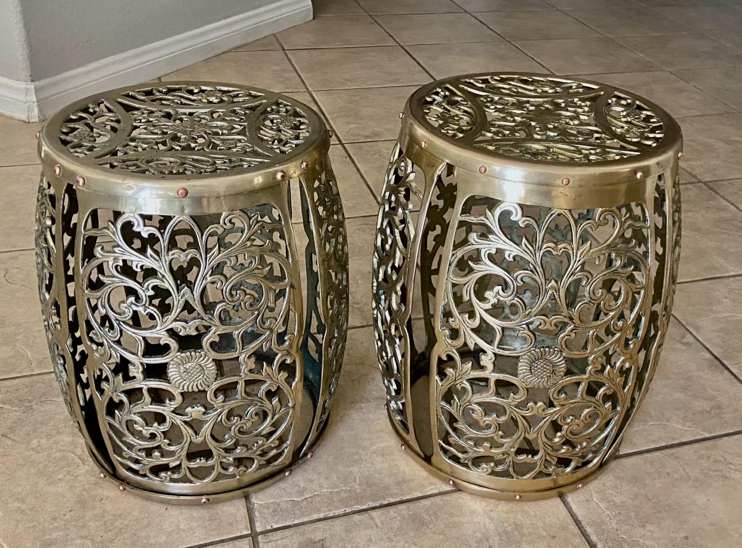 Pair Asian Brass Round Garden Stools  For Sale 9