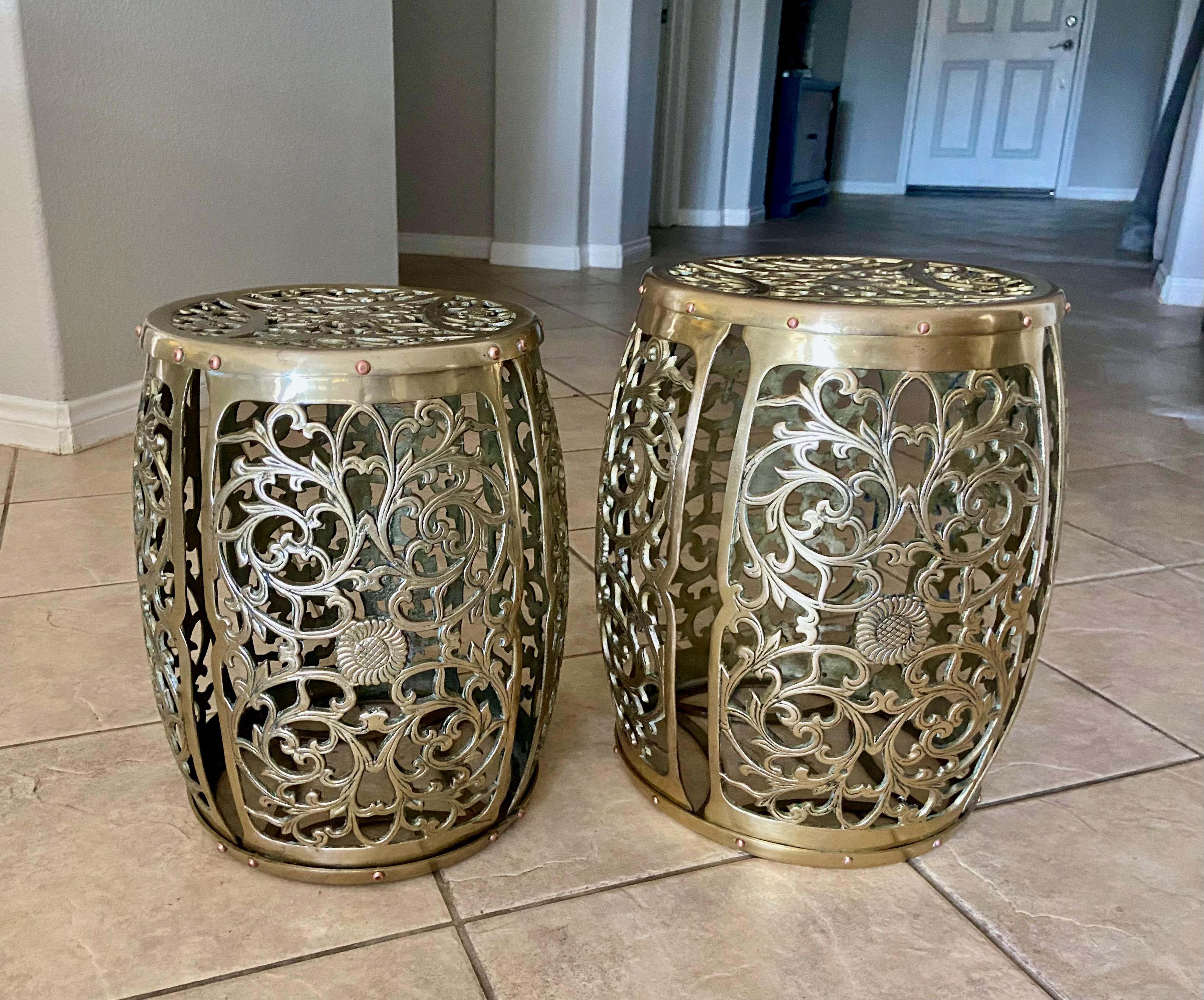 Pair Asian Brass Round Garden Stools  In Good Condition For Sale In Palm Springs, CA