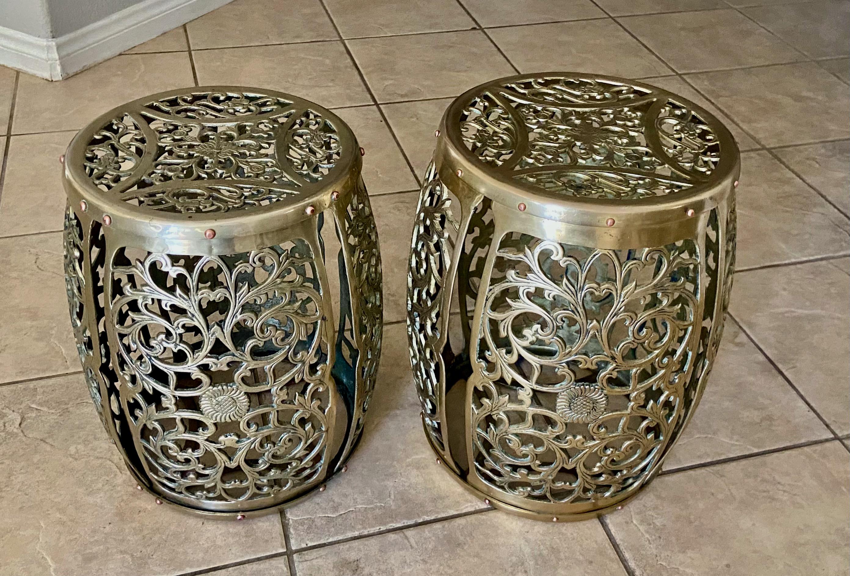 Metal Pair Asian Brass Round Garden Stools  For Sale